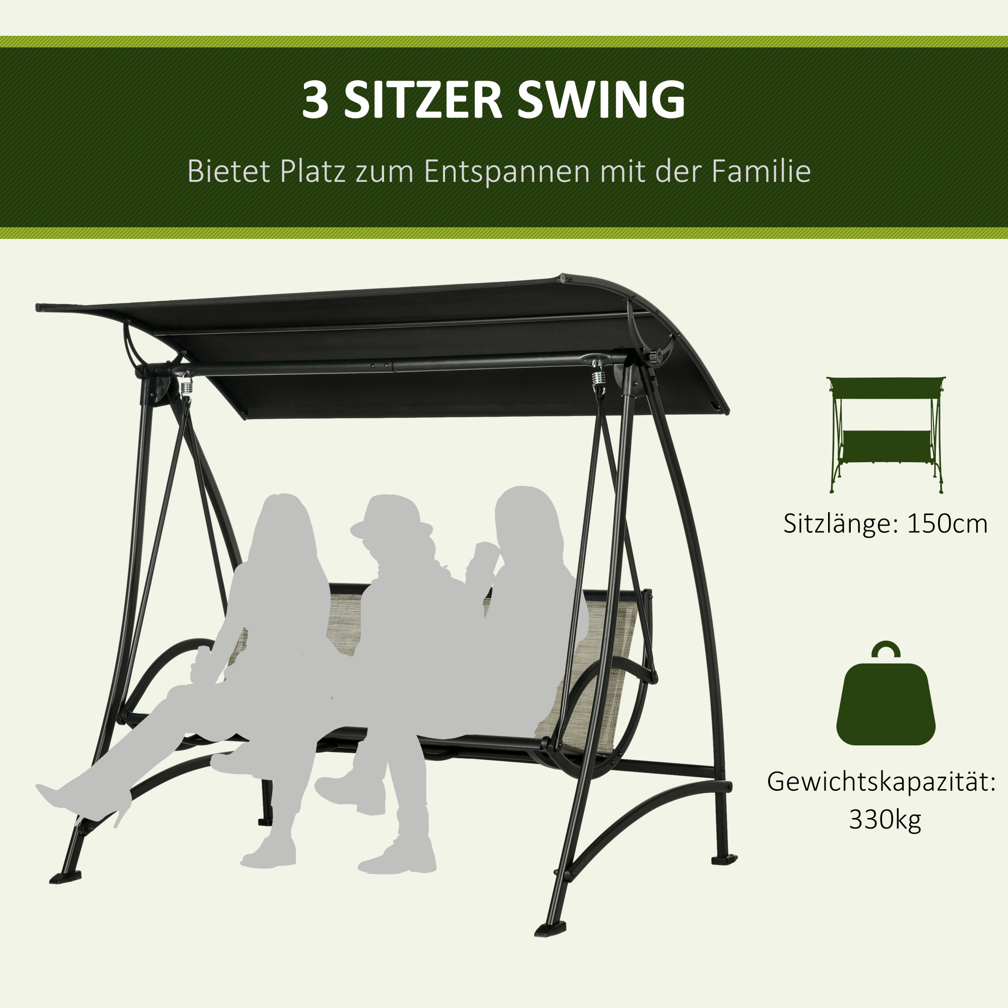 Schwarze Schaukel mit Baldachin, Text und Illustrationen auf weißem Hintergrund.