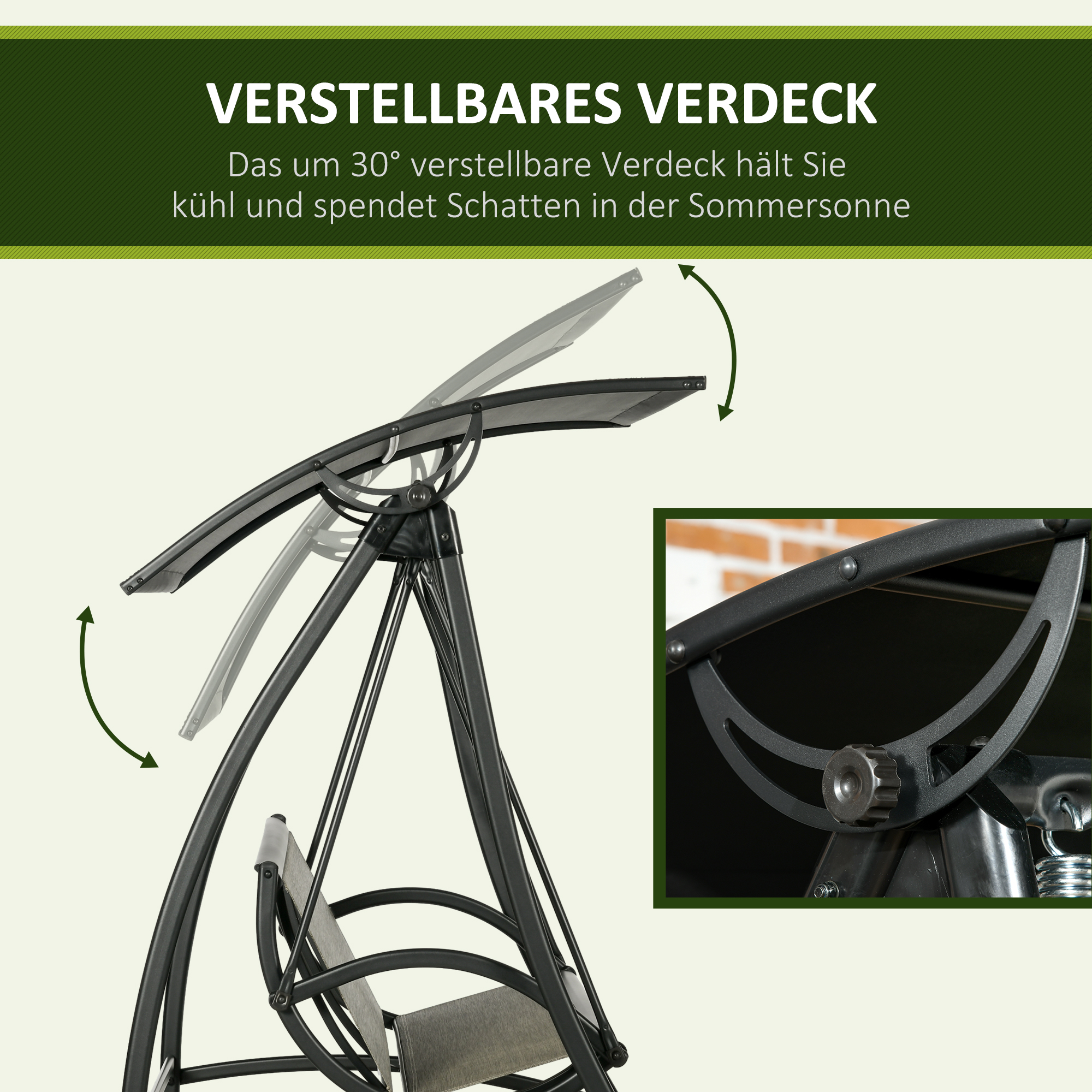 Schwarze Schaukel, verstellbares Verdeck, mit Nahaufnahme des Verstellmechanismus.