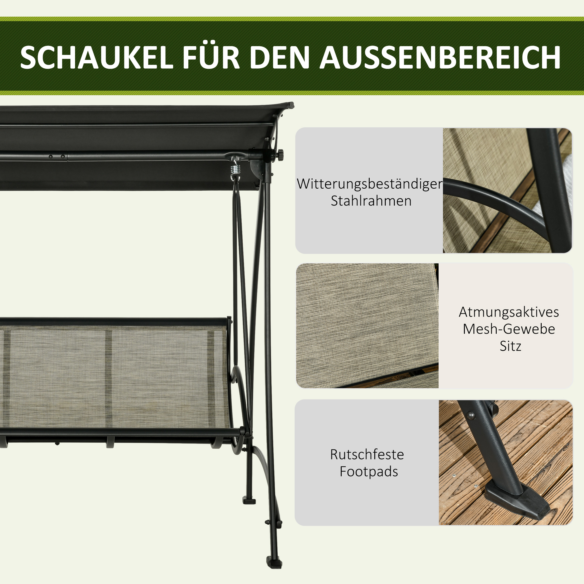 Schwarze Außenschaukel mit Verdeck. Nahaufnahmen zeigen Stahlrahmen, atmungsaktiven Sitz und Fußpads.