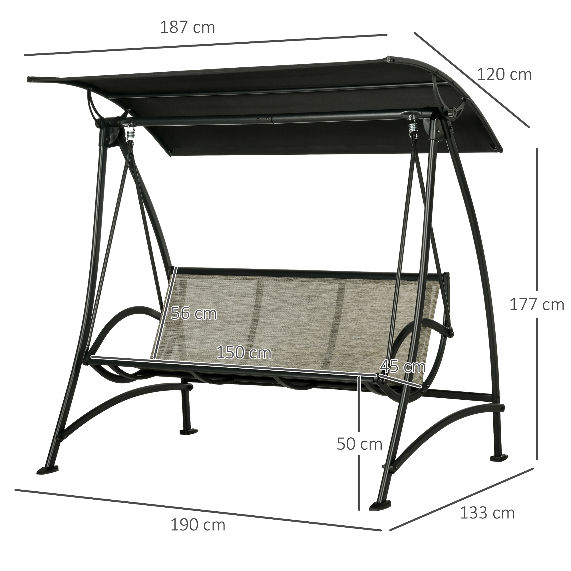 Schwarzes Metall-Schaukelgestell mit schwarzem Vordach, Abmessungen sind angegeben. Beiger Schaukelsitz mit Maßen.