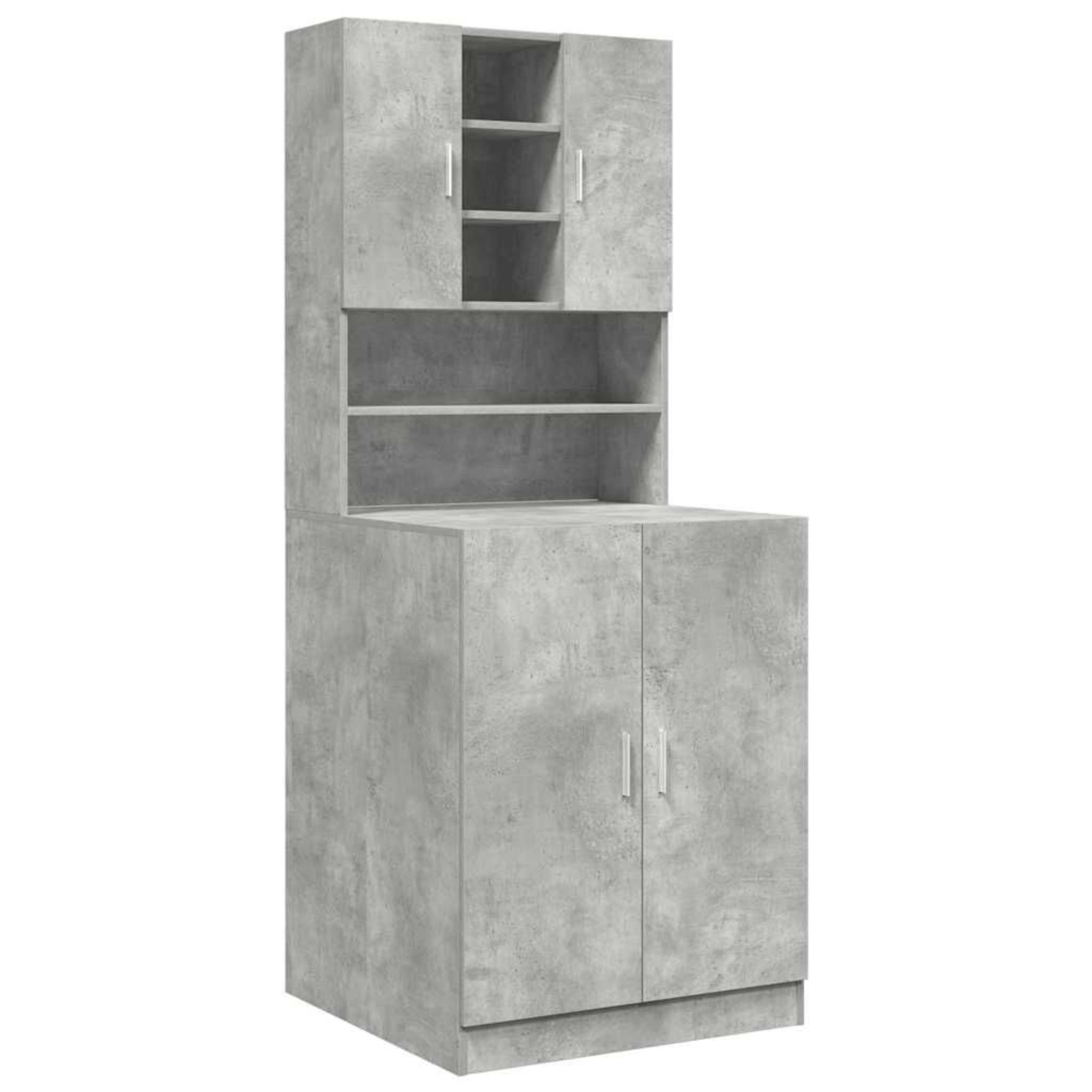 Ein hoher, grauer Schrank mit mehreren Türen und Regalen. Es besteht aus einem betonartigen Material.