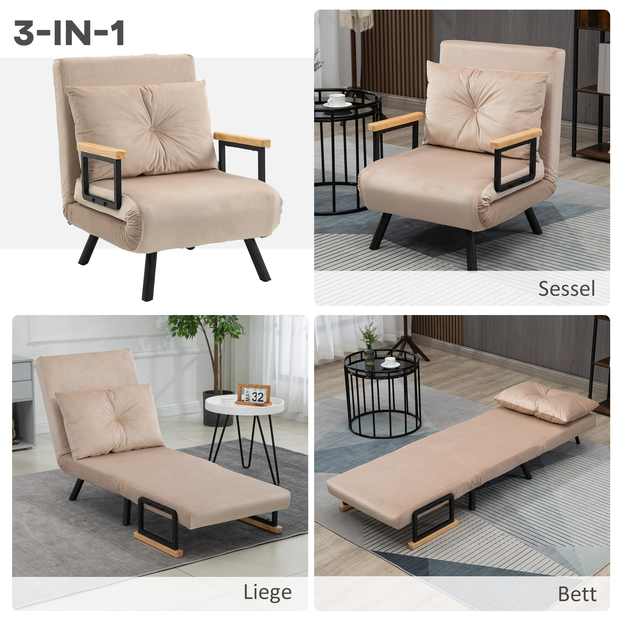 Beiger Klappsessel in vier Ansichten. Stuhl, Chaiselongue und Bett.