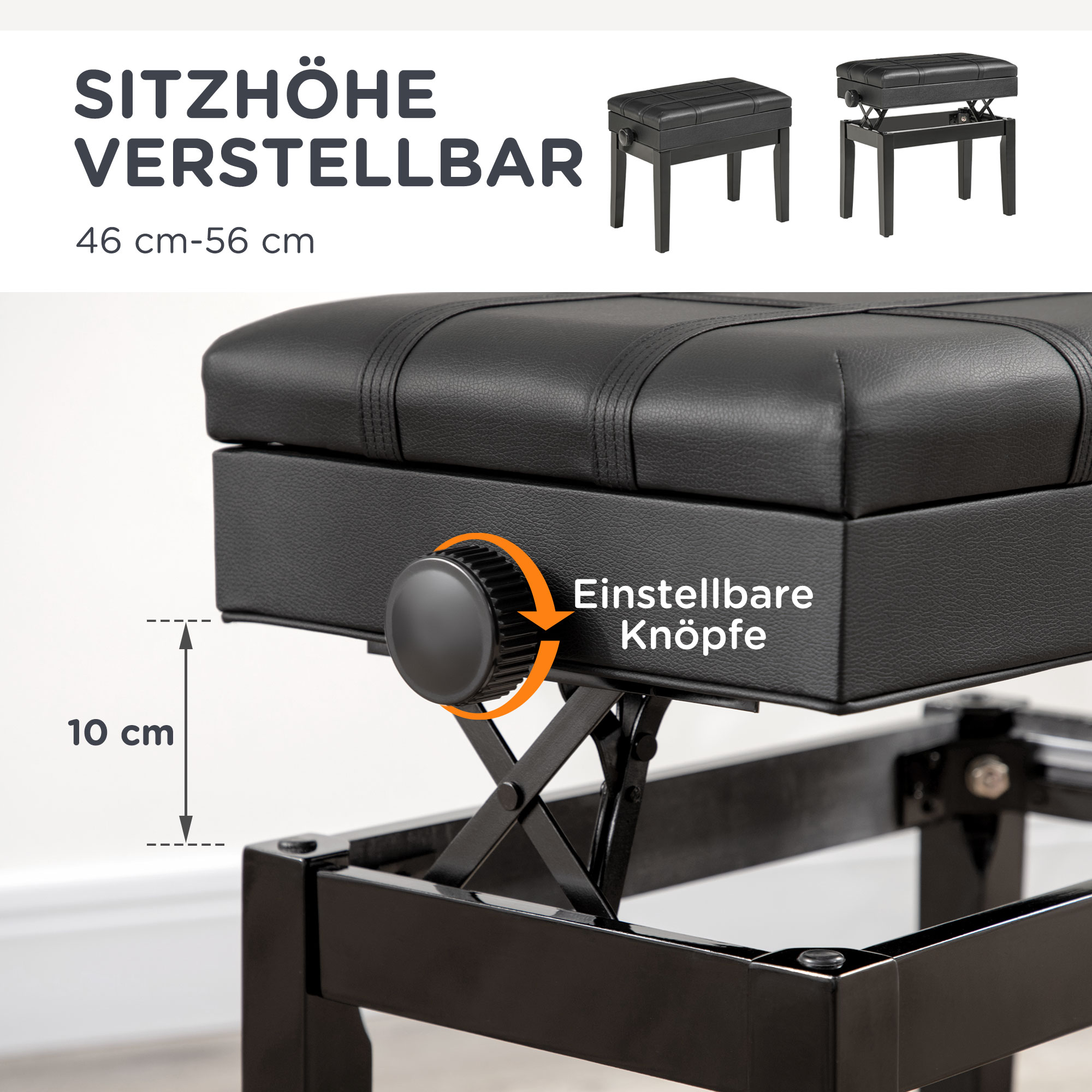 Eine schwarze Klavierbank mit verstellbarer Höhe. Der Höhenbereich beträgt 46 cm - 56 cm.