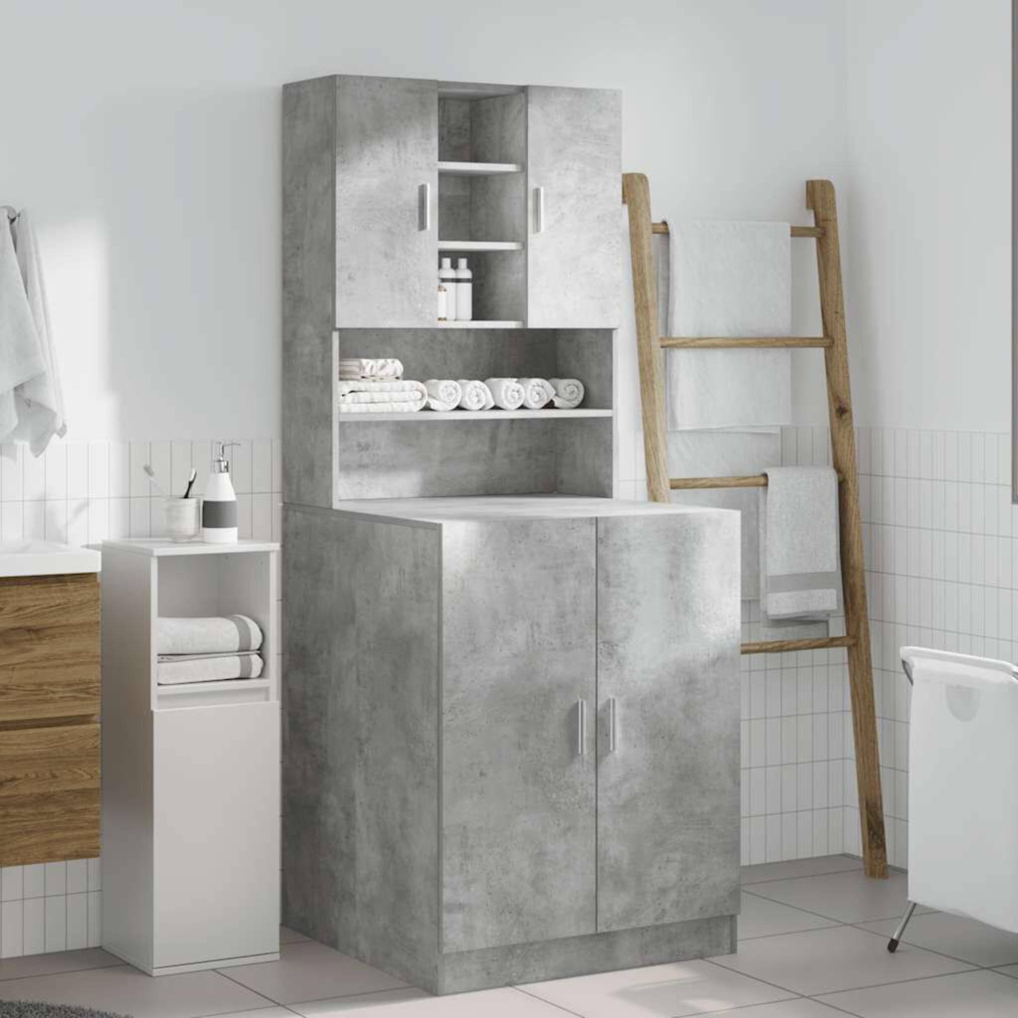 Badezimmerschrank-Set. Betonoptik. Enthält Oberschrank mit Regalen und Unterschrank mit Türen.