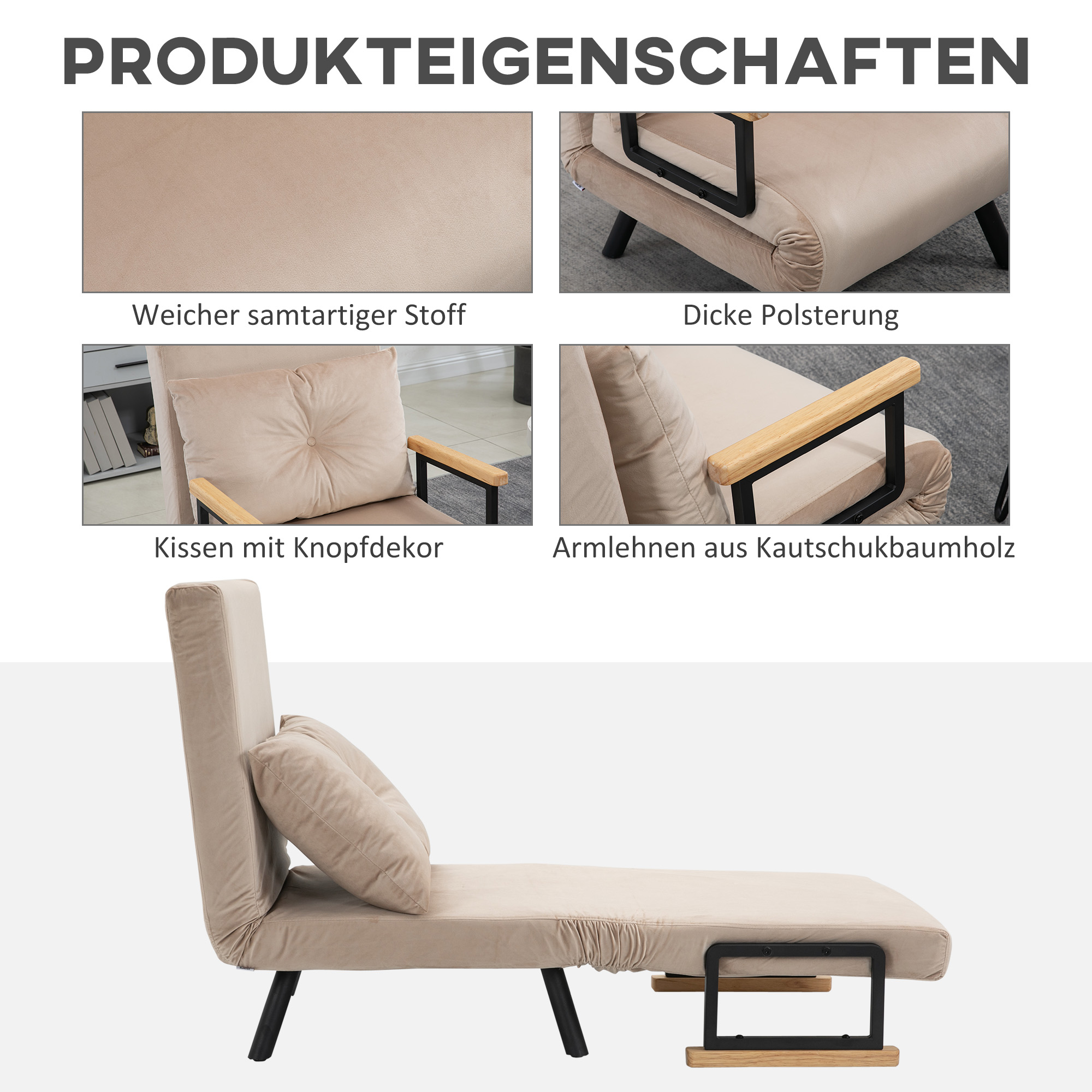 Beige Chaiselongue mit Holzarmlehnen. Vier Detailbilder zeigen das Produkt.