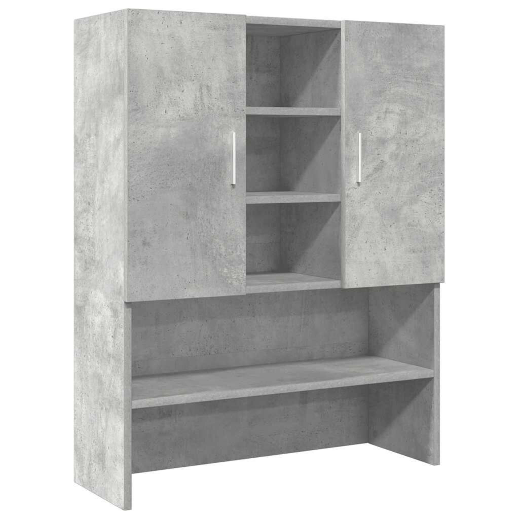 Ein grauer, betonartiger Schrank mit Regalen und Türen, mit zwei oberen Türen und offenen Regalen.