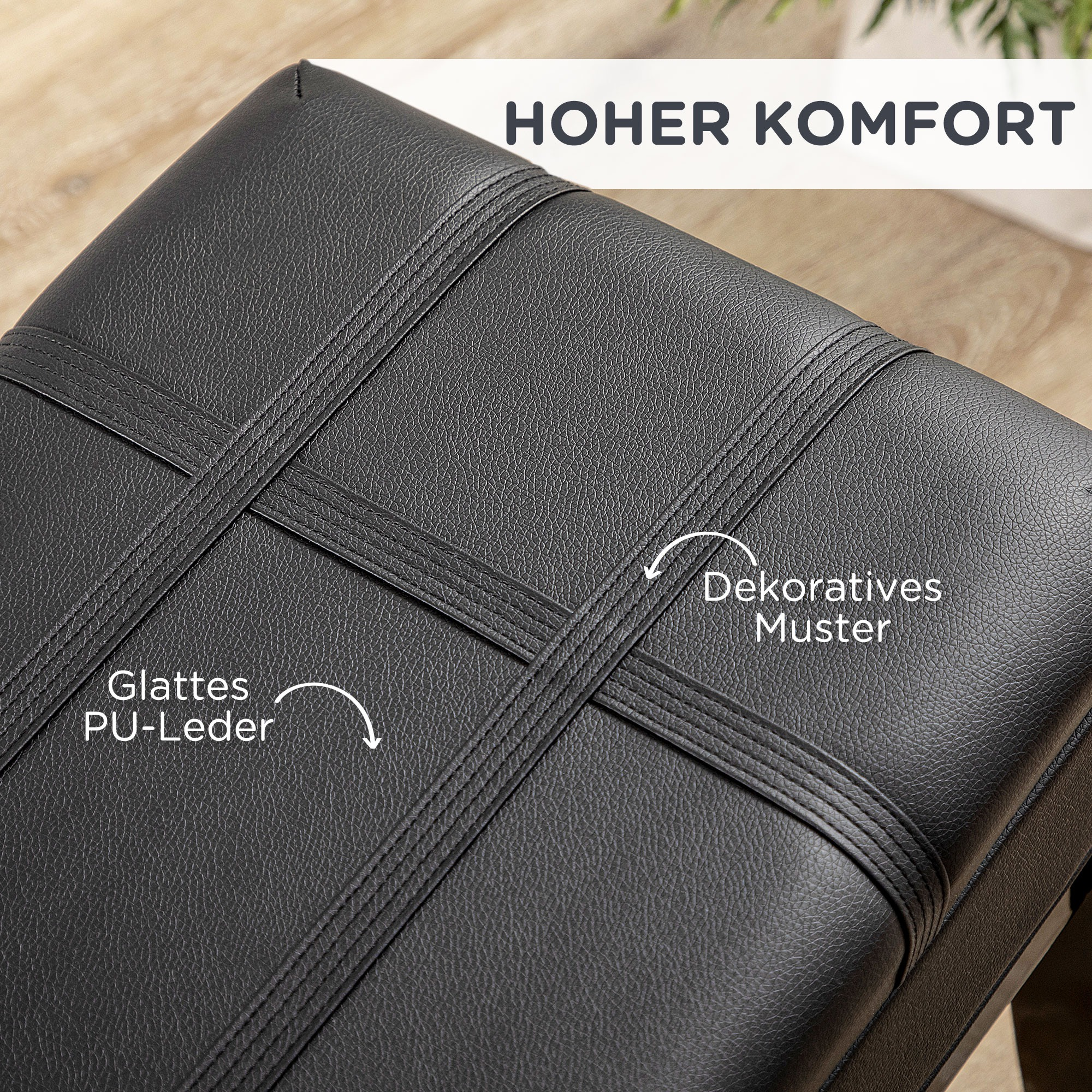 Nahaufnahme einer schwarzen Lederbank mit dekorativem Muster und dem Text "Hoher Komfort".