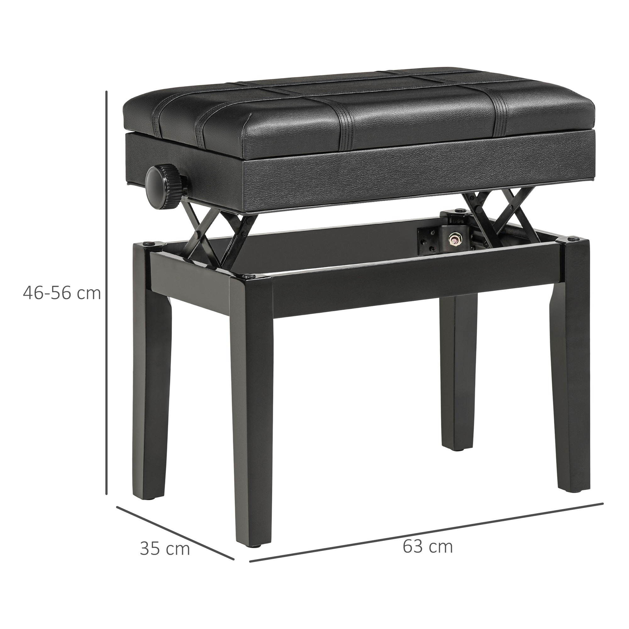 Schwarze Klavierbank mit verstellbarer Höhe, schwarzem Rahmen und Ledersitz.