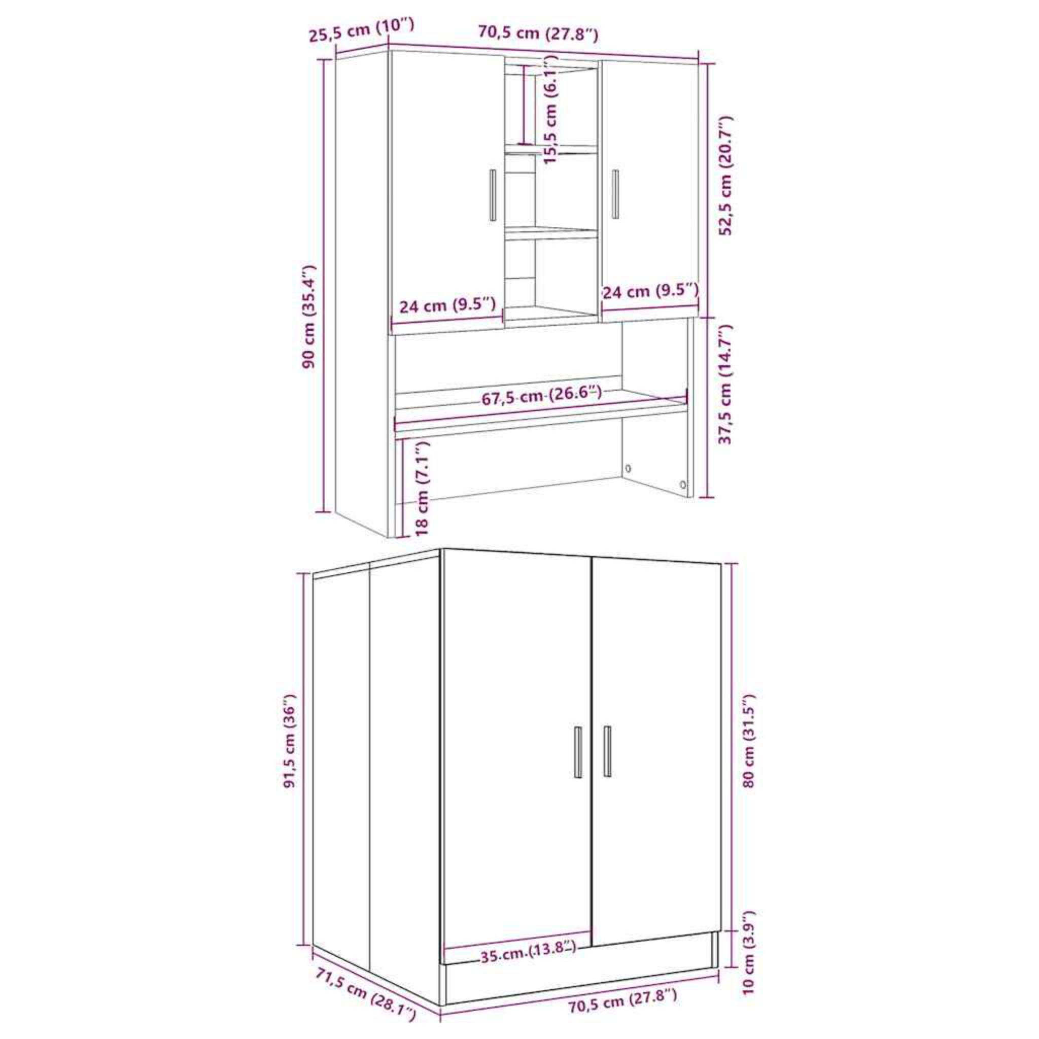 Ein weißer Schrank mit Maßen in cm und Zoll, mit Stauraum und Regalen.