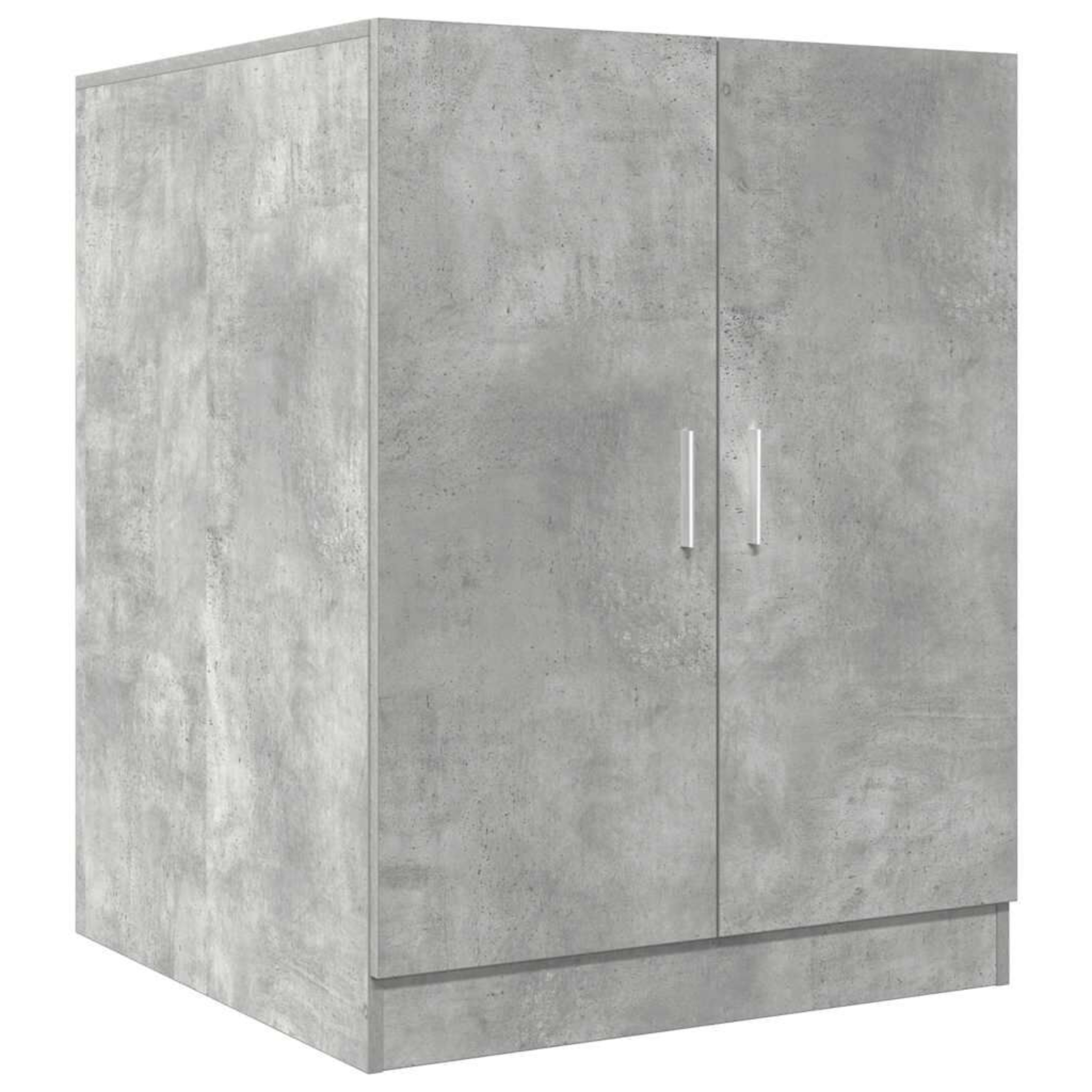 Ein grauer Schrank mit Betonstruktur, zwei Türen und zwei Griffen, isoliert.