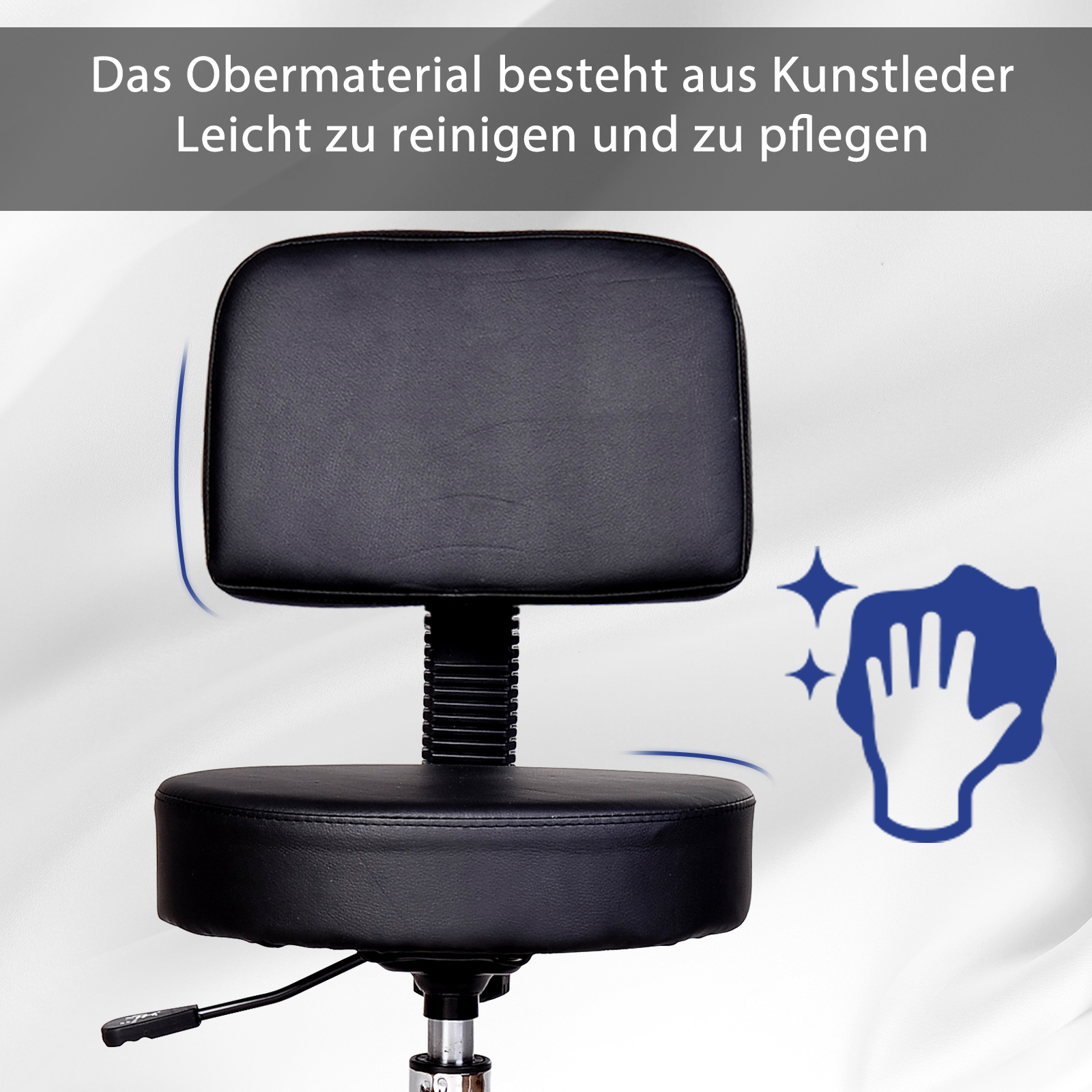 Schwarzer Bürostuhl mit Rückenlehne und rundem Sitz. Nahaufnahme des Reinigungssymbols.