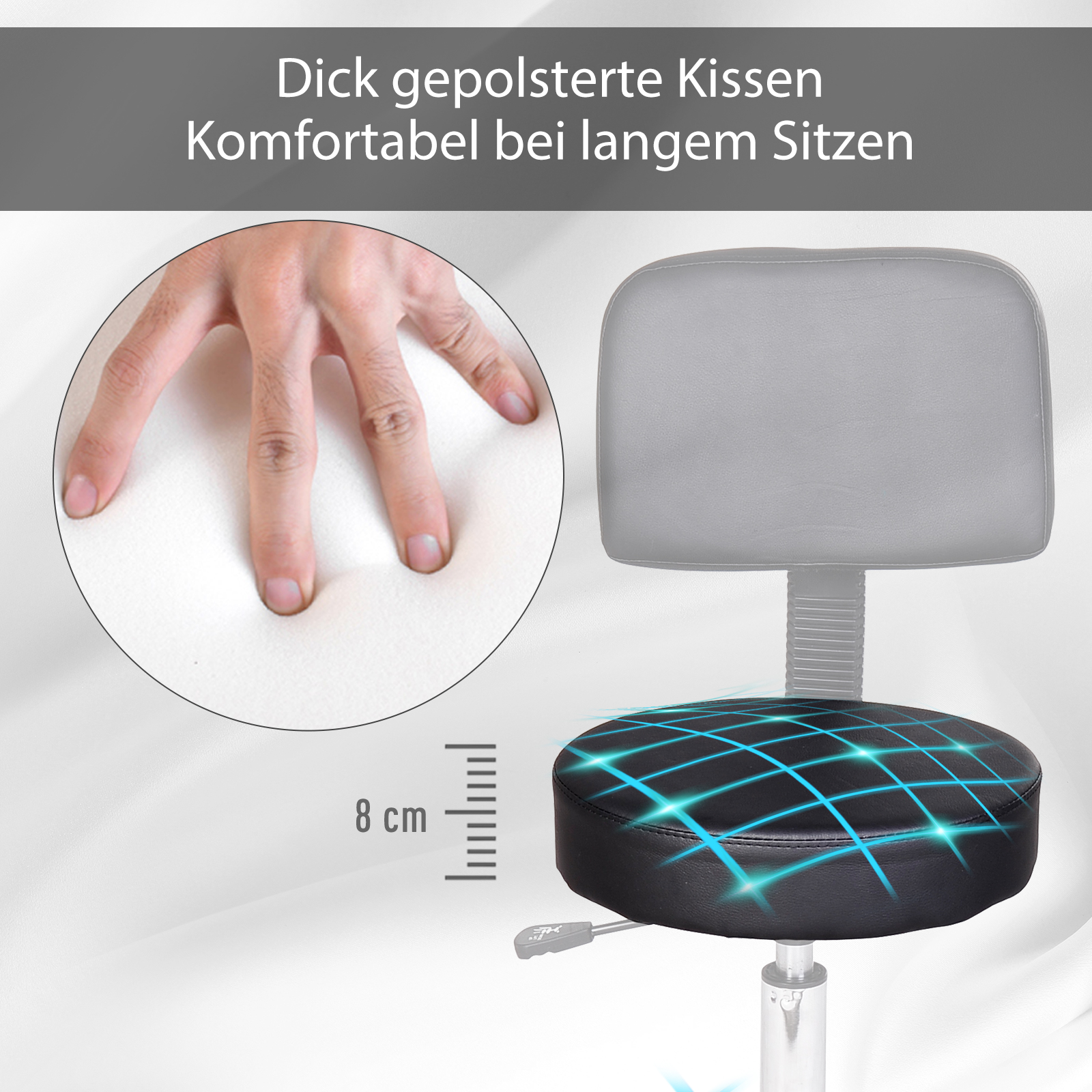 Schwarzer Bürostuhl mit schwarz-blau gemustertem Sitz, Nahaufnahme des Sitzes.