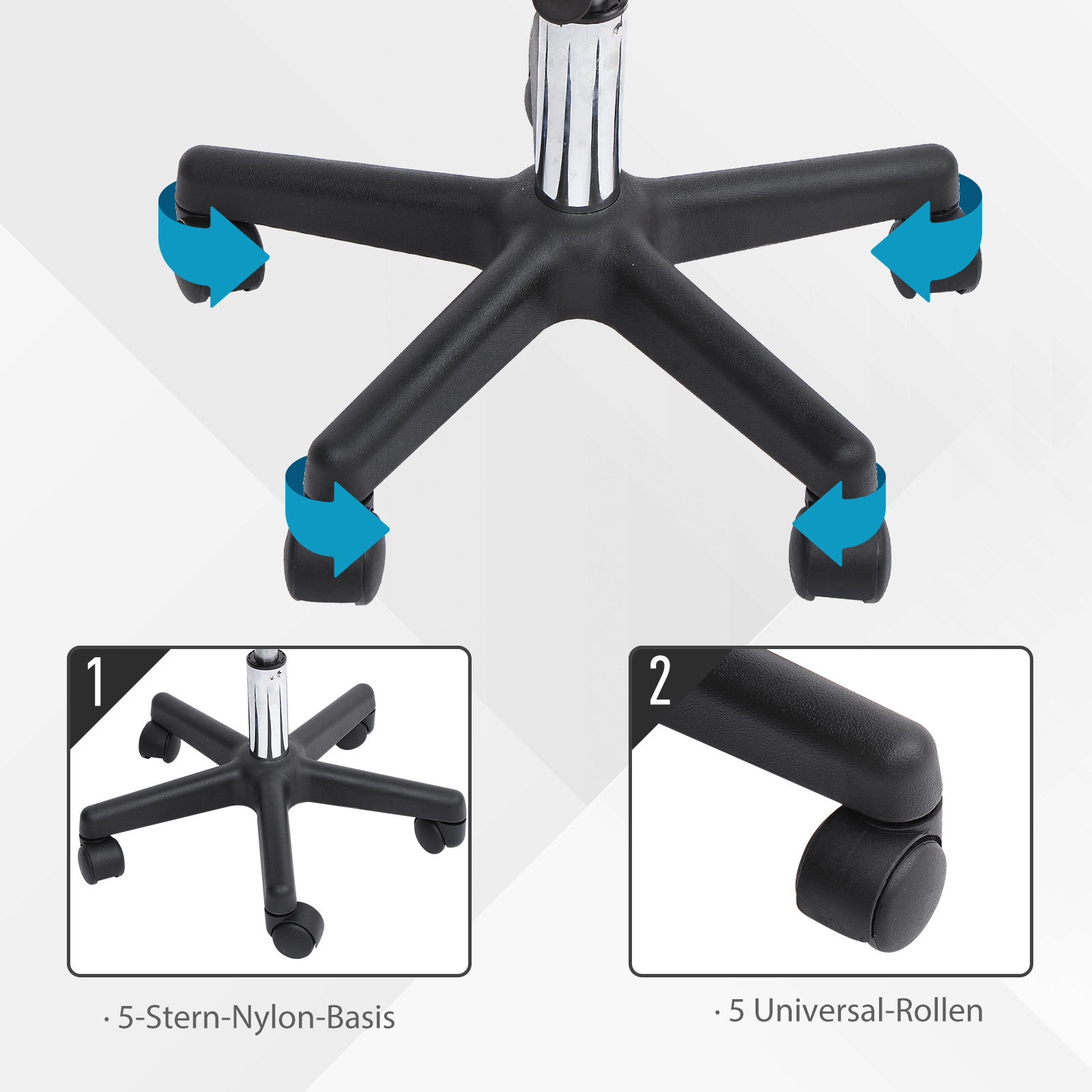 Bürostuhl mit 5-Sterne-Nylon-Basis, Unteransicht, mit 5 Universalrollen.