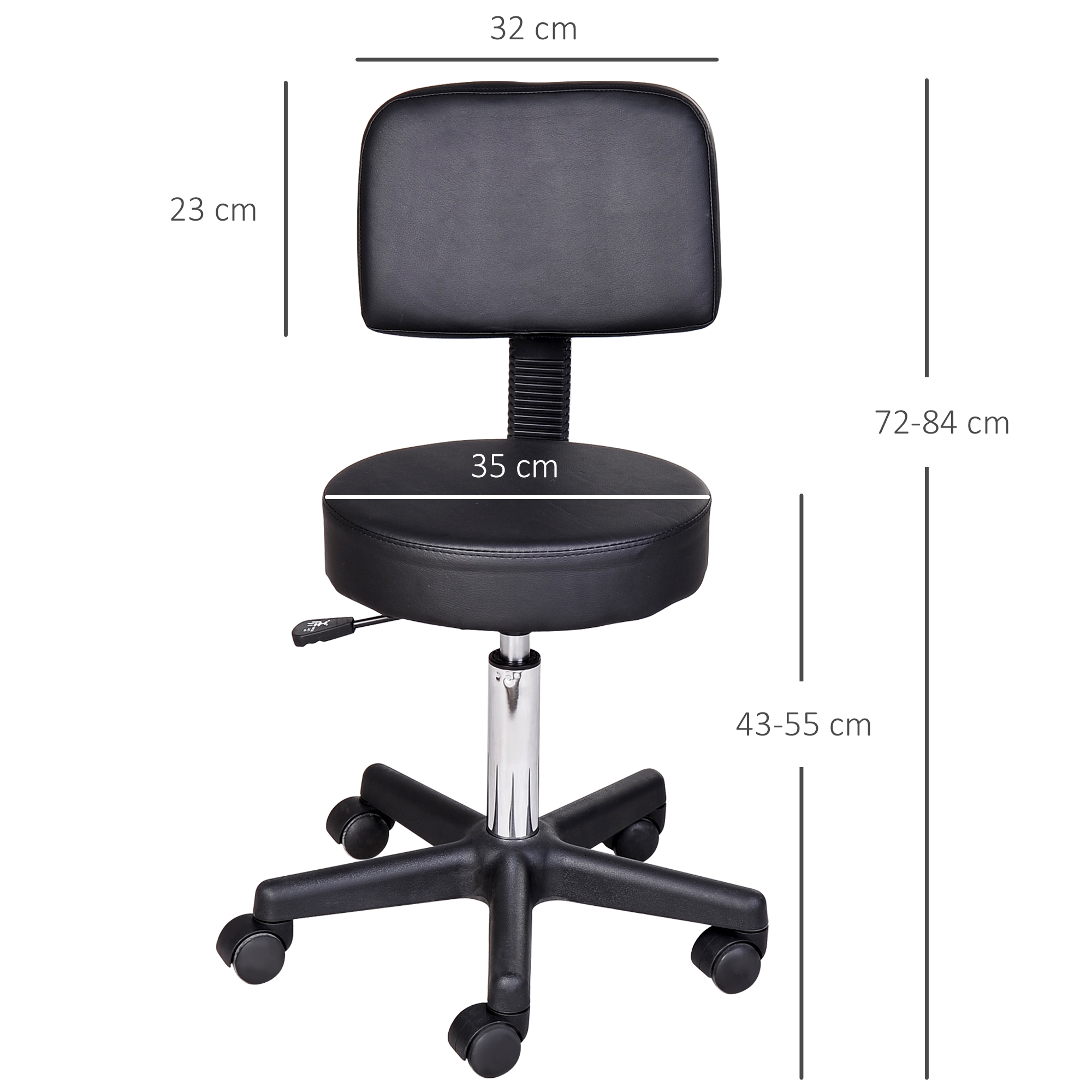 Schwarzer Rollstuhl mit rundem Sitz und Rückenlehne. Maße in cm angegeben.