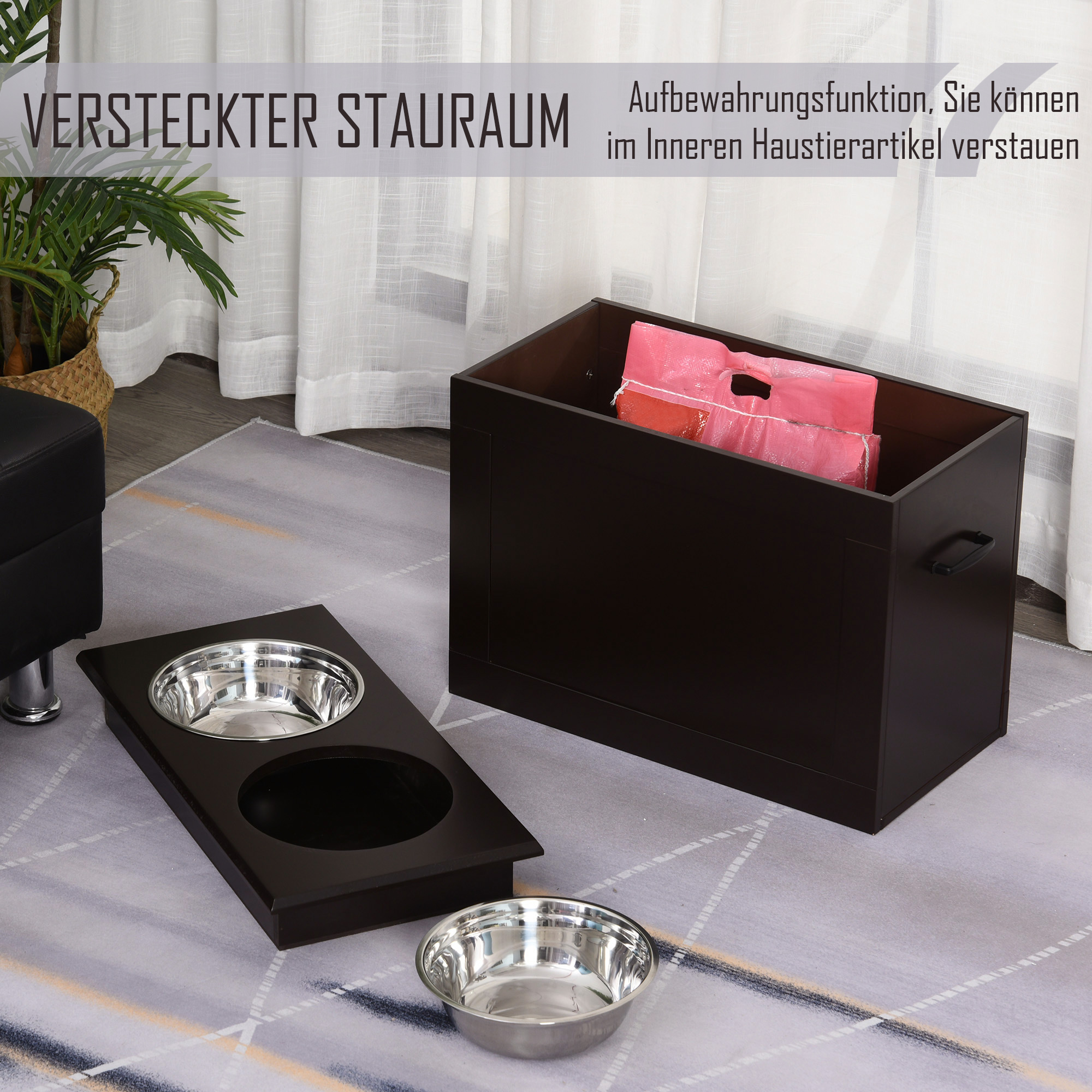 Dunkelbrauner Napfhalter mit zwei Edelstahlnäpfen und einem Staufach.
