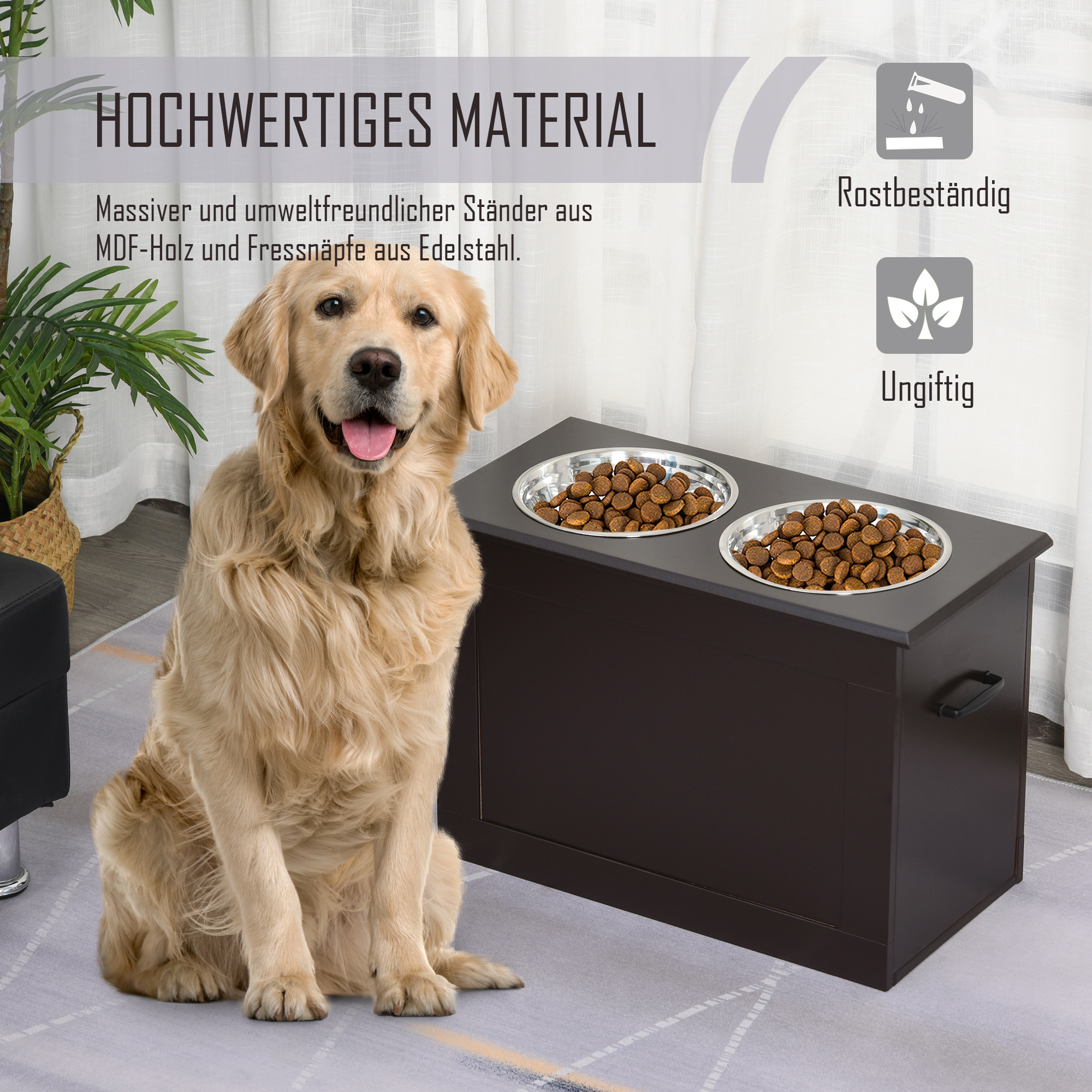 Golden Retriever sitzt neben einem dunkelbraunen Hundefutterständer mit zwei Schalen Trockenfutter. Text: 'Hochwertiges Material'.