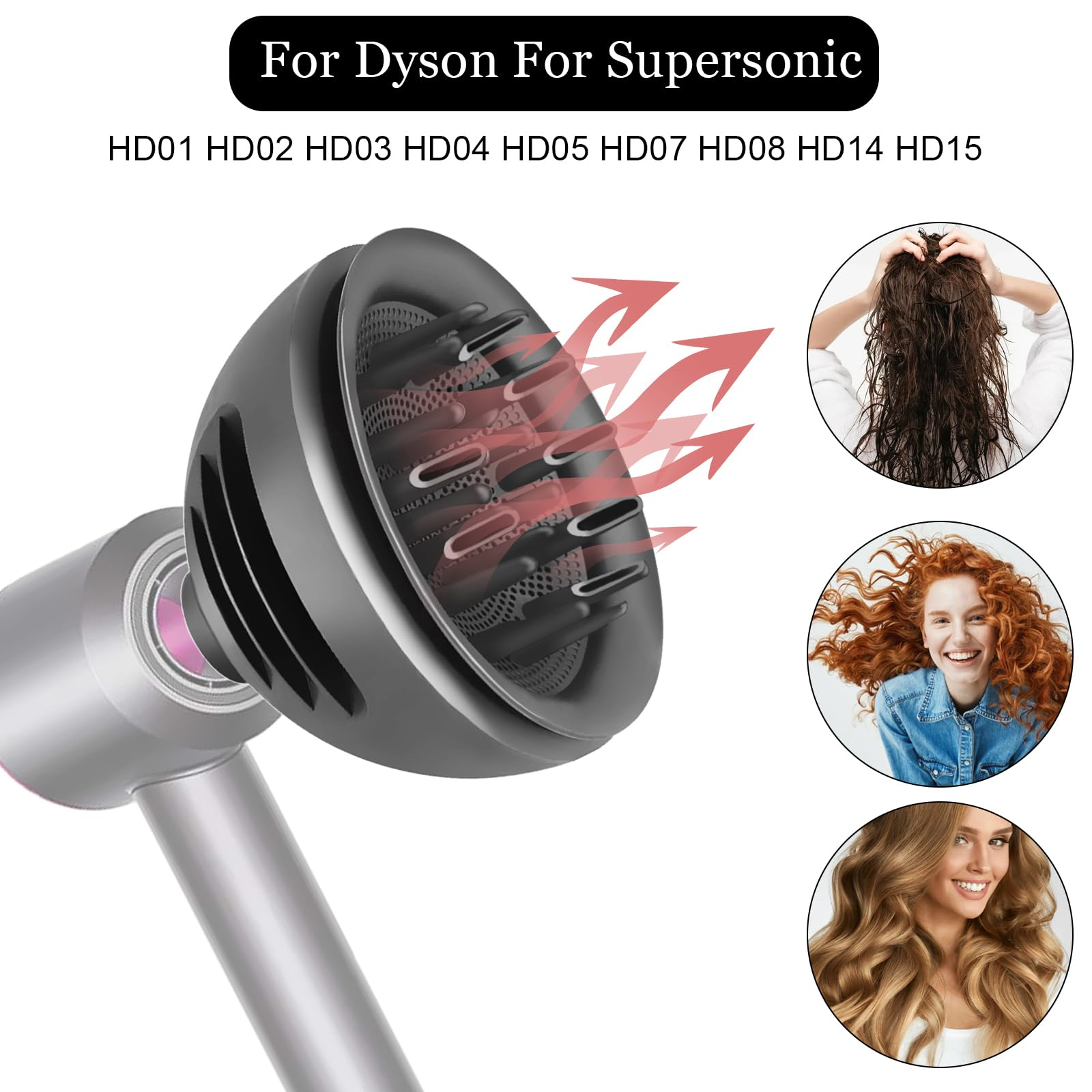 Dyson-Haartrockner mit Aufsätzen und Bildern von Frisuren. Text lautet: Für Dyson Für Überschall.