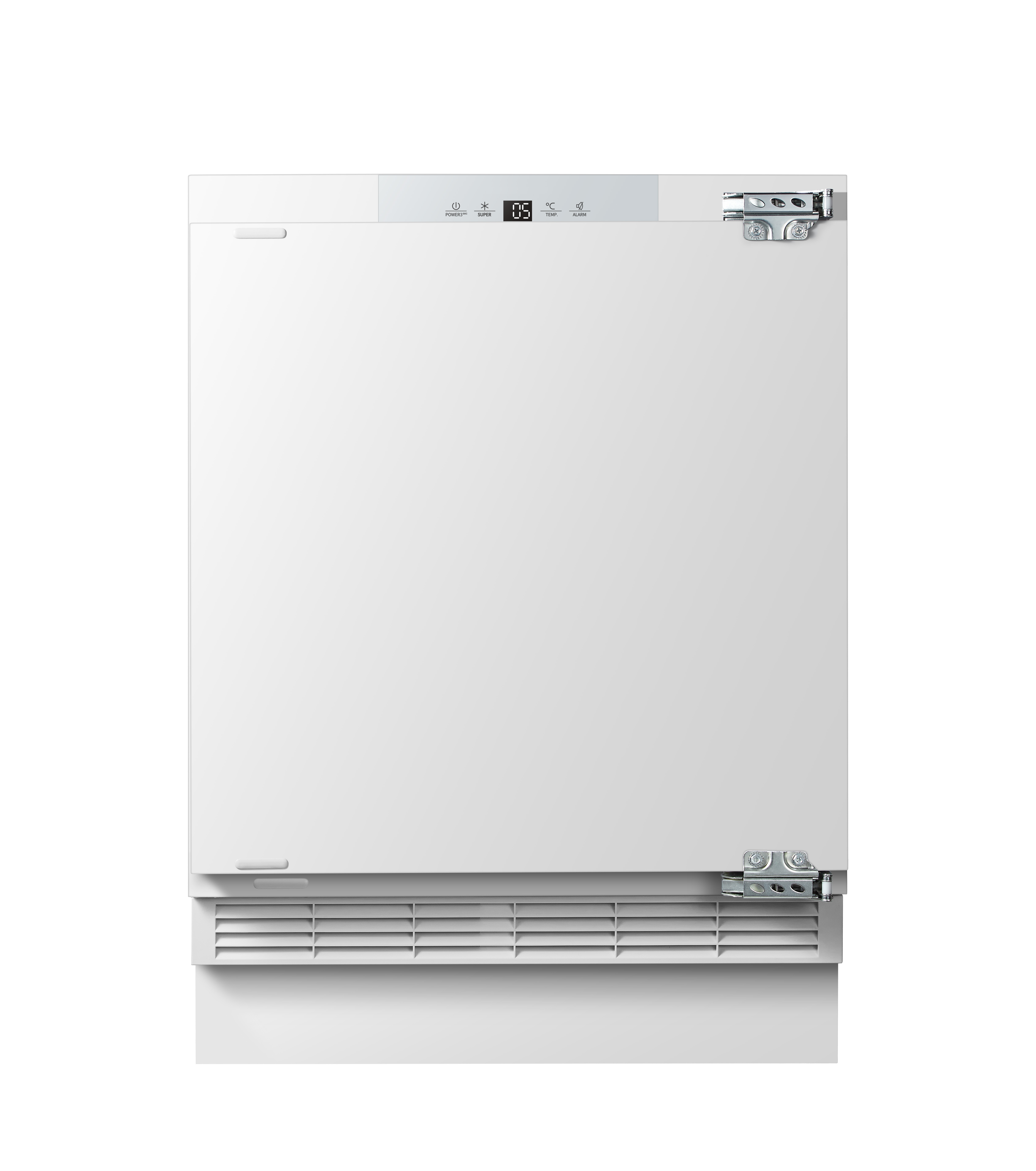 Weißer Einbaukühlschrank. Mit Digitalanzeige und silberner Metallverkleidung.