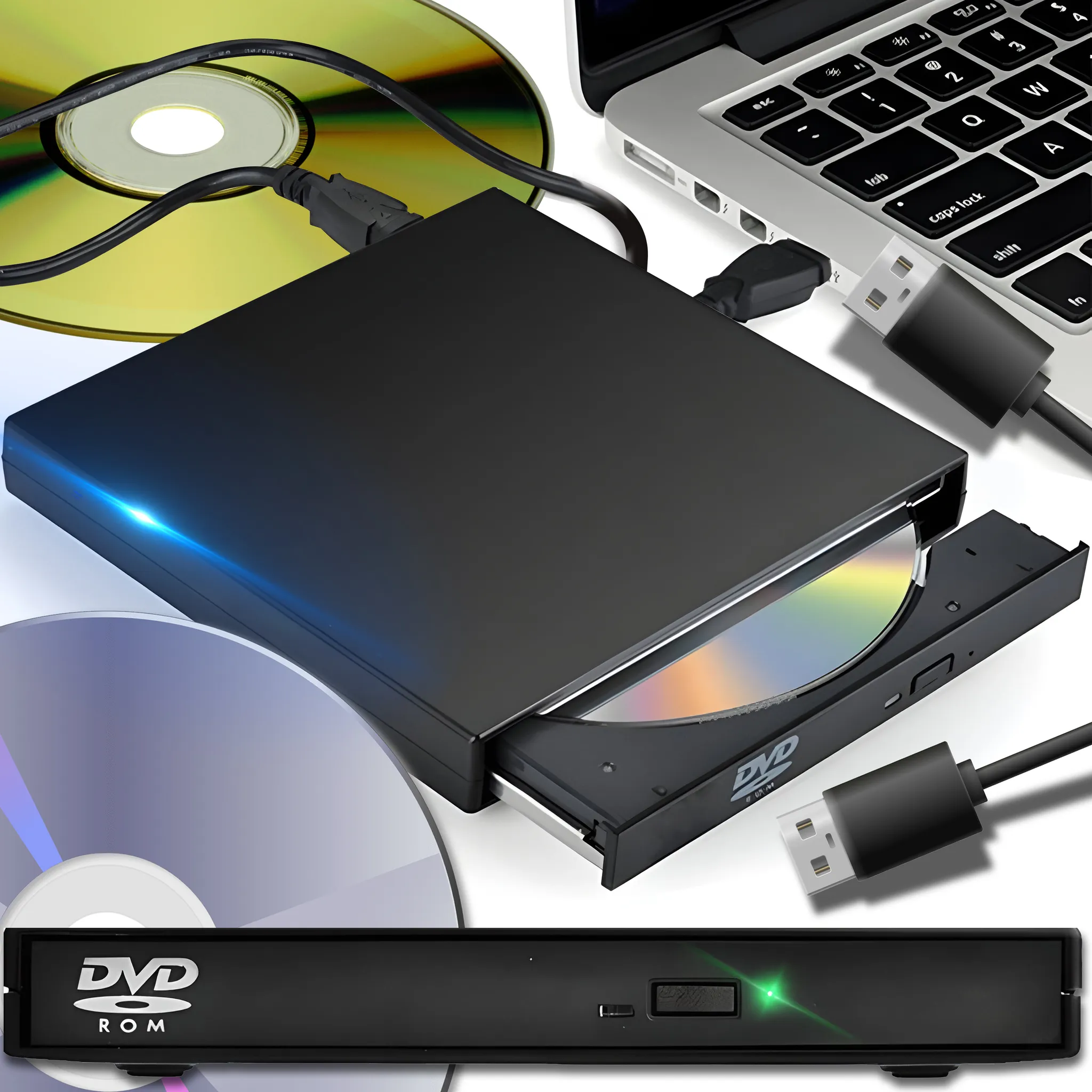 Schwarzes DVD-Laufwerk mit Disc, über USB mit Laptop verbunden.