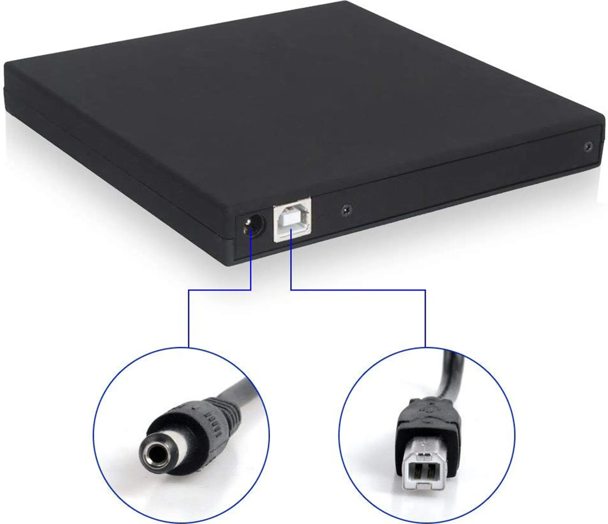 Schwarzes externes DVD-Laufwerk mit Strom- und USB-Anschlüssen. Enthaltene Kabel sind abgebildet, eines mit Rundstecker.