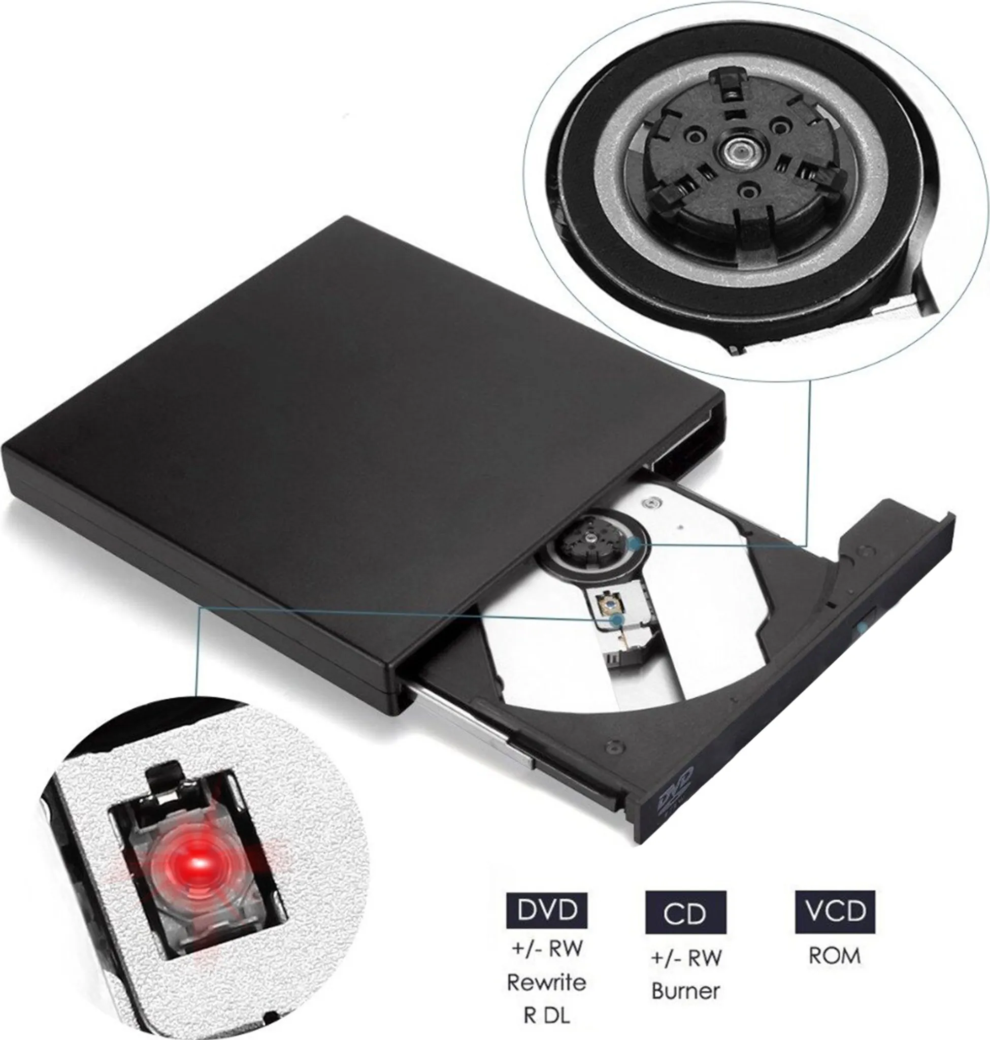 Schwarzes DVD/CD-Laufwerk mit geöffnetem Fach und hervorgehobenen internen Komponenten mit Textbeschriftungen.