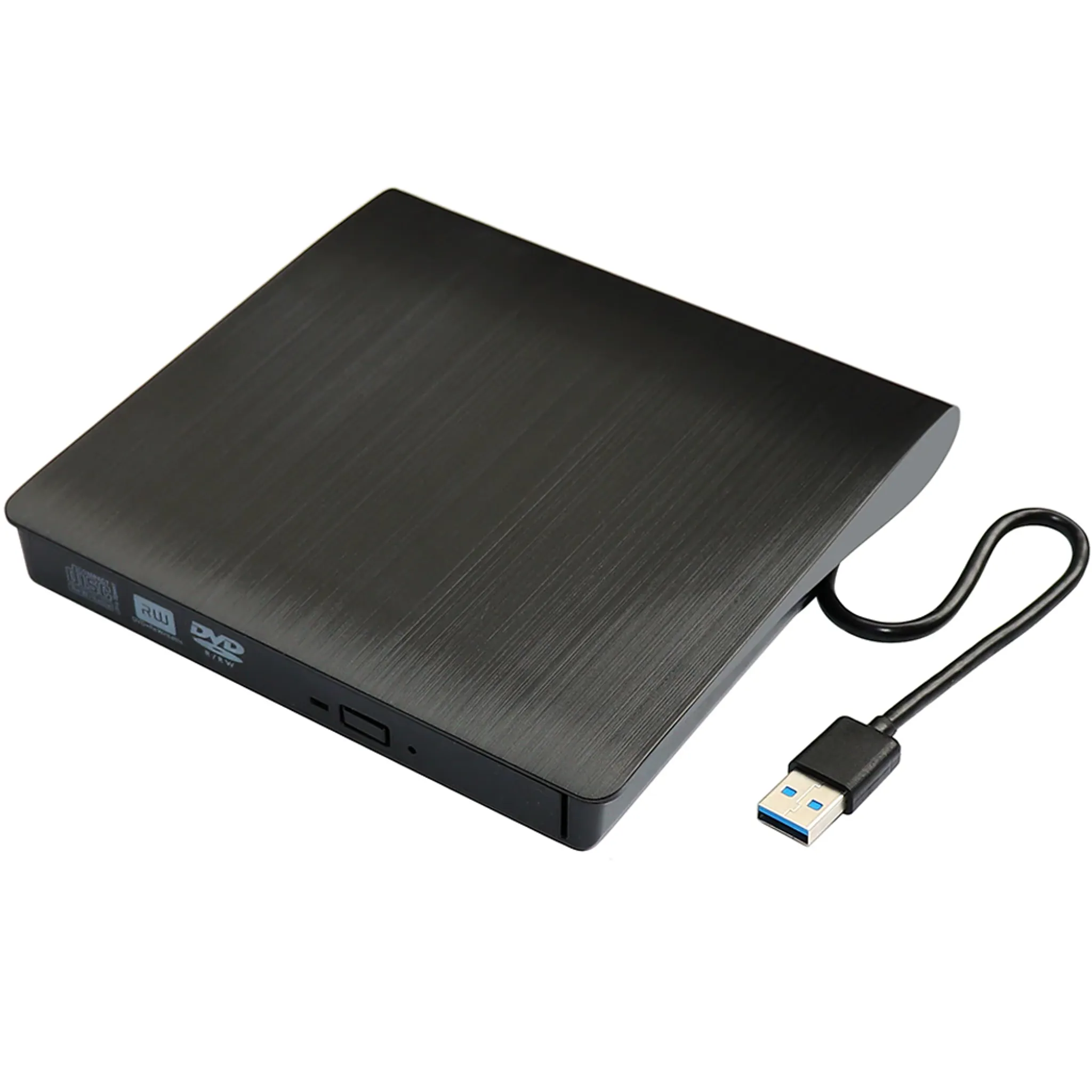 Schwarzes externes DVD-Laufwerk mit USB-Kabel und -Anschluss. Weißer Hintergrund.