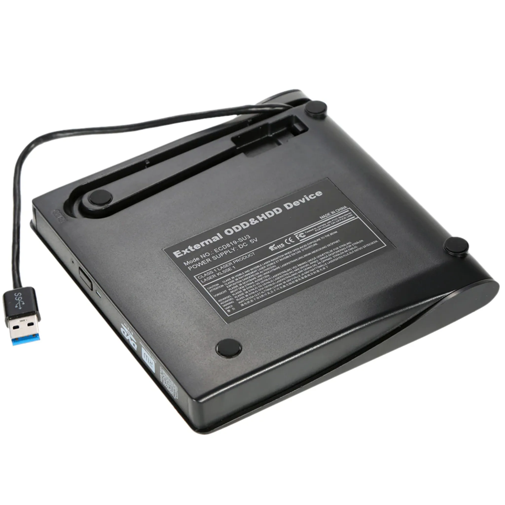 Die Unterseite eines schwarzen externen ODD- und HDD-Geräts mit USB-Kabel und Anschlüssen sichtbar.