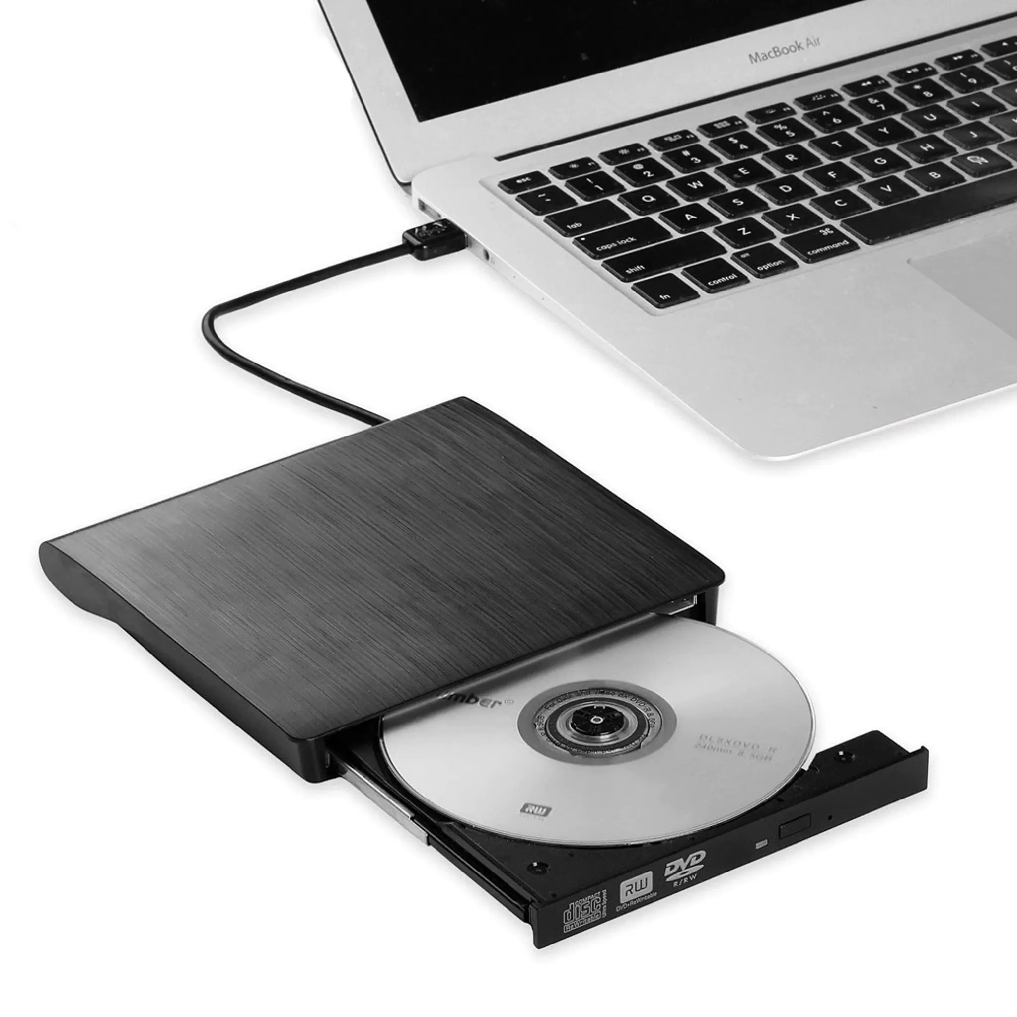 Ein Laptop ist mit einem CD/DVD-Laufwerk verbunden, in dem sich eine Disc befindet.