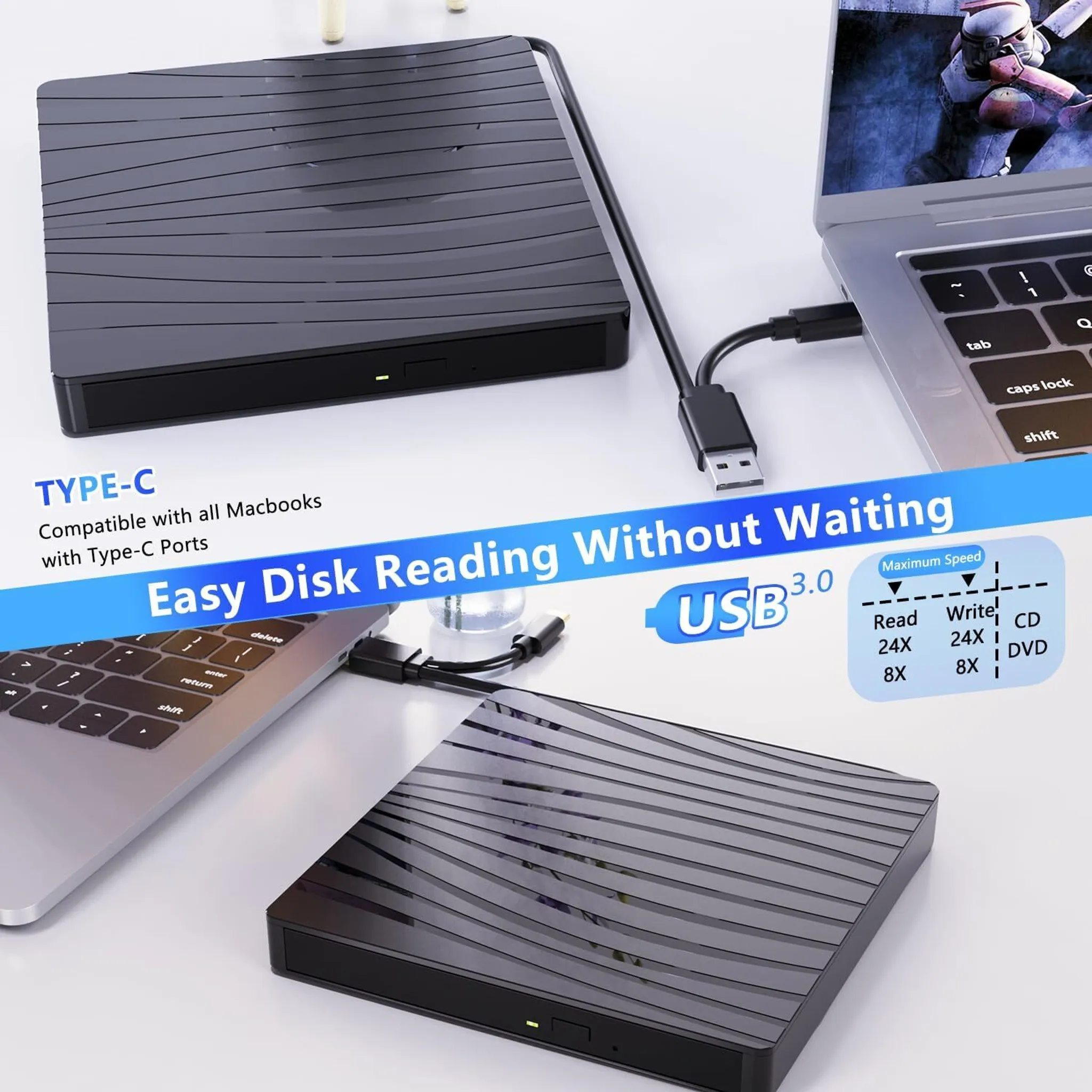 Schwarzes CD/DVD-Laufwerk mit USB-Anschluss und Laptop. Text: „Easy Disk Reading“.