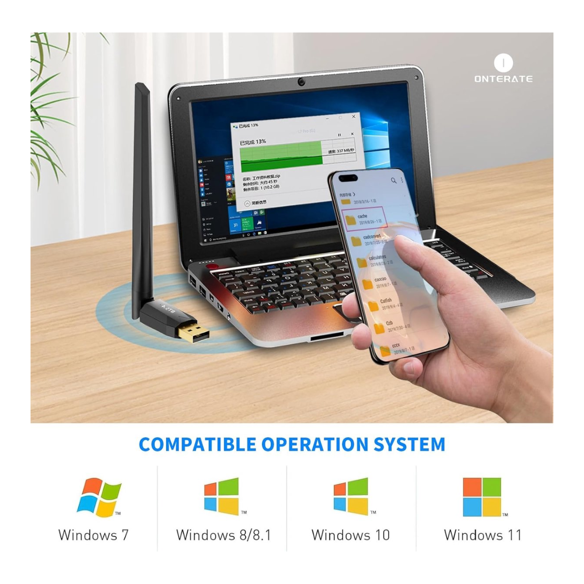 A USB wifi adapter connected to a laptop, with a smartphone showing files.