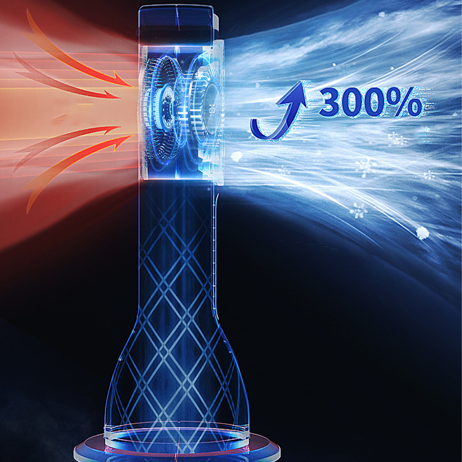 Ein transparentes Gerät mit blauem Lichteffekt, das eine Steigerung von 300 % zeigt.