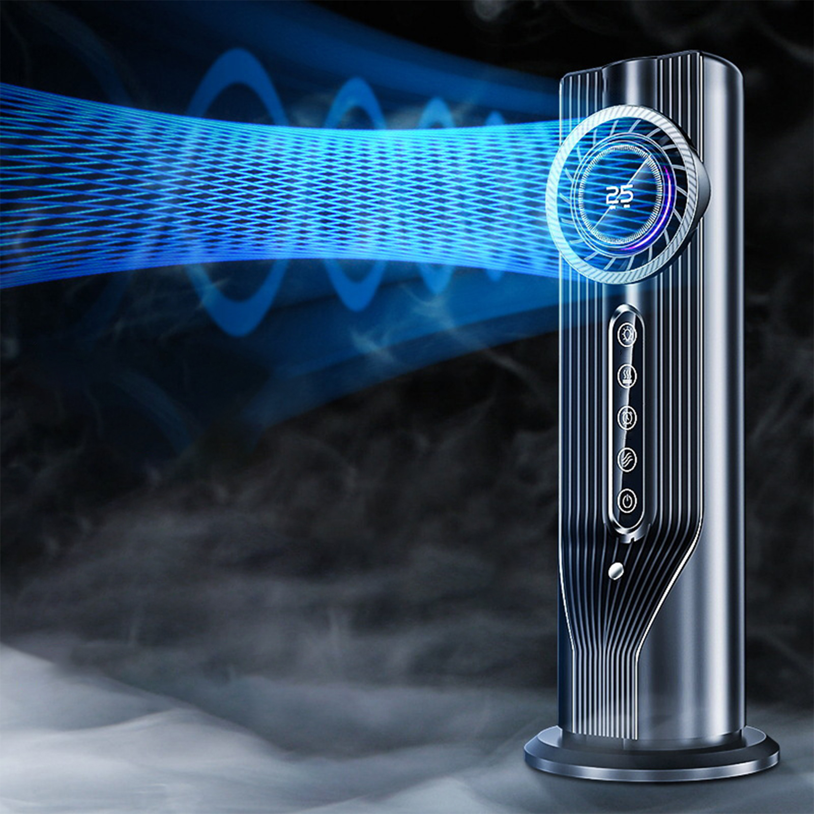Ein silberner und schwarzer Ventilator mit Digitalanzeige und blauem Luftstrom vor dunklem Hintergrund.