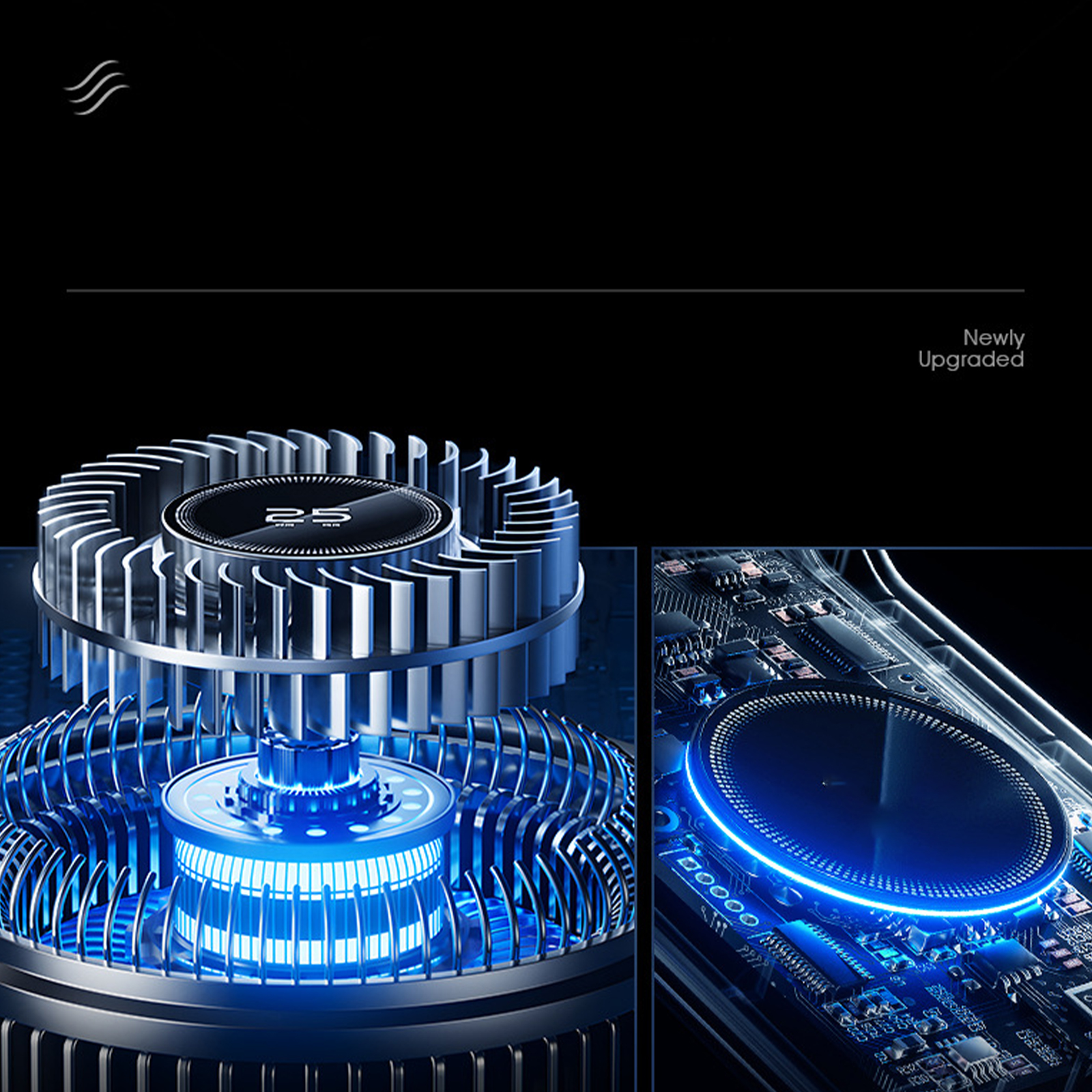 Nahaufnahme einer detaillierten elektronischen Komponente mit blauem Licht und rundem Design.