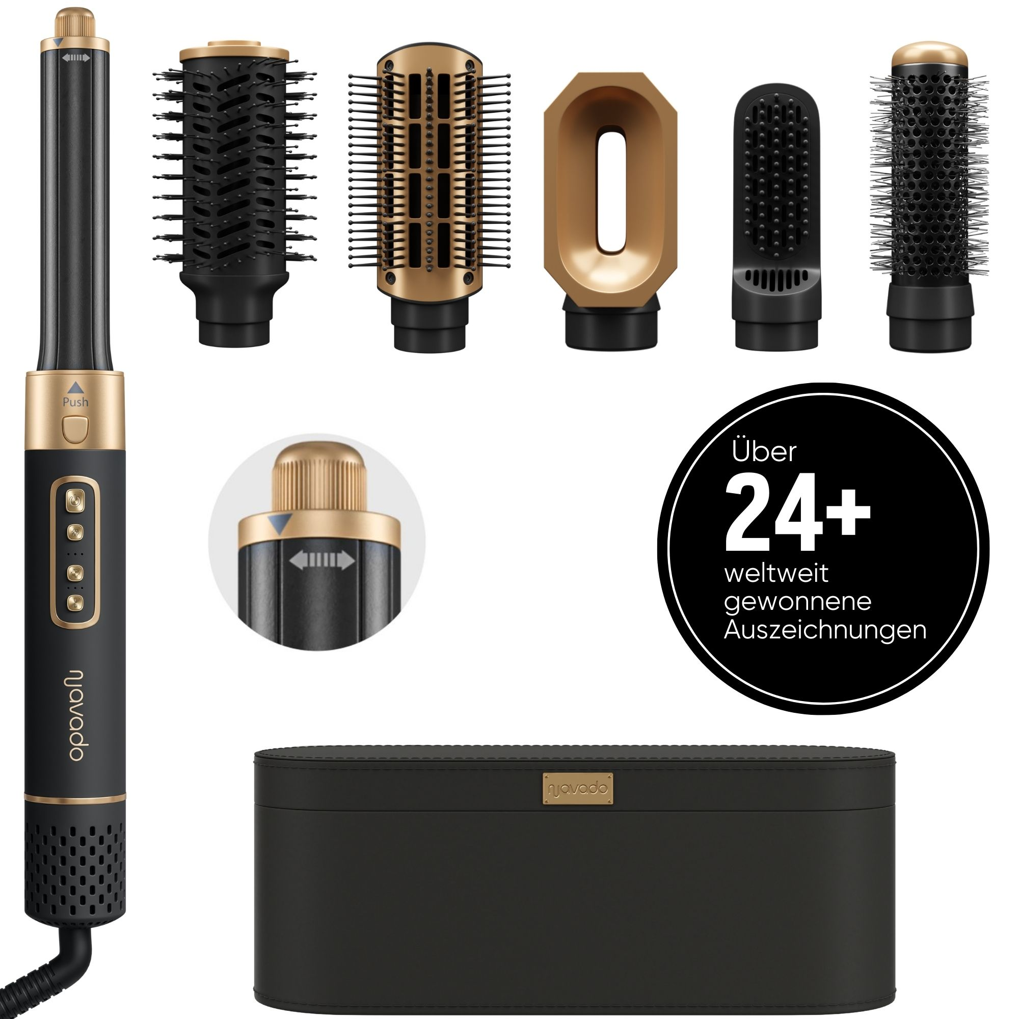 Ein Haarstyling-Werkzeug mit mehreren Aufsätzen, eine schwarze Aufbewahrungstasche und ein Aufkleber mit Text über Auszeichnungen.