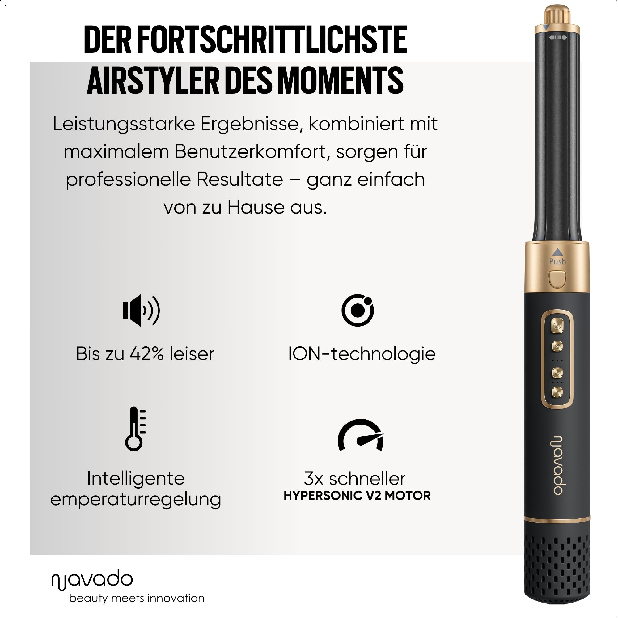 Haarstyling-Tool mit Text zur Beschreibung der Funktionen, einschließlich eines Haartrockners und Symbolen.