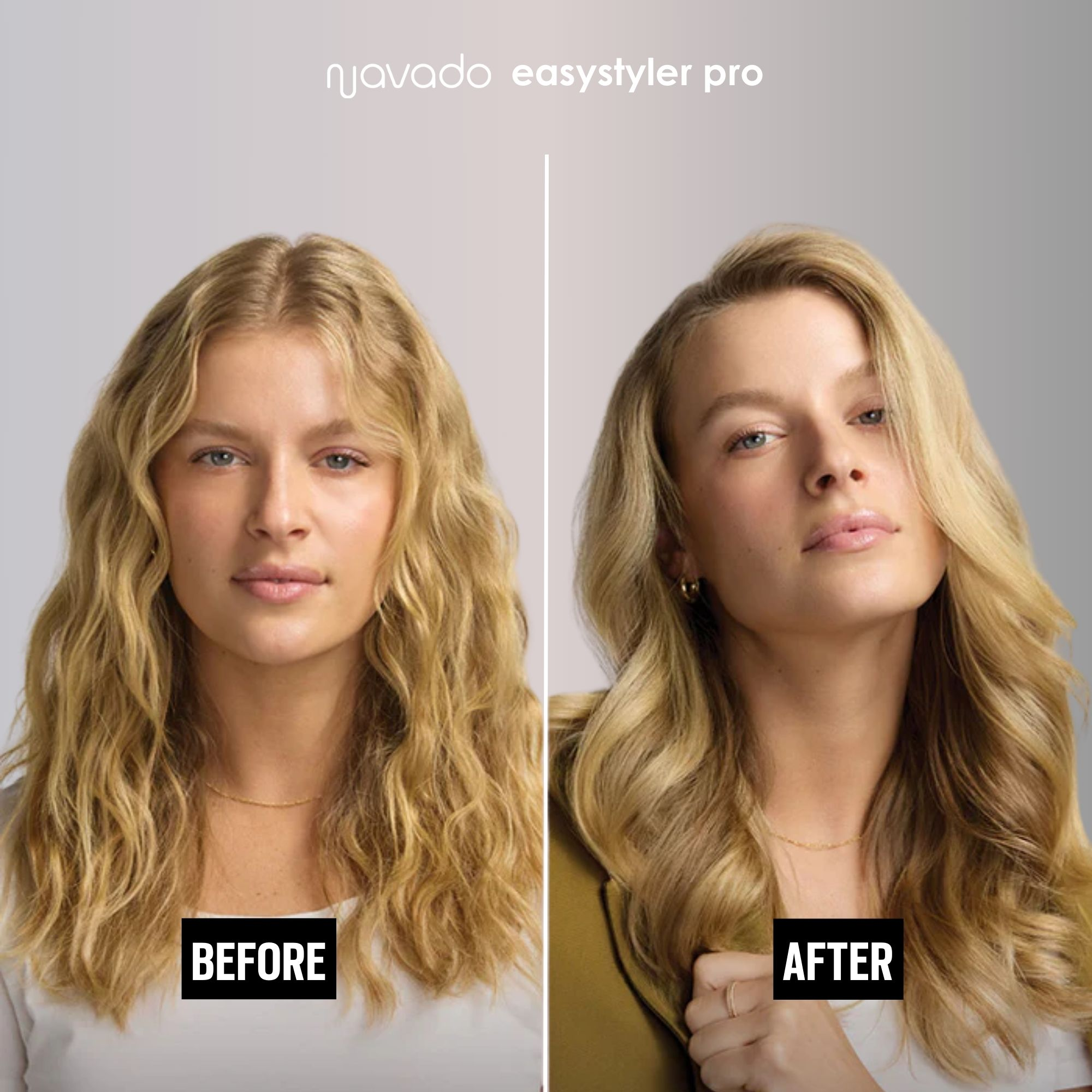 Eine Frau mit blonden Haaren, links wellig und rechts gestylt. Text: 'Vorher' und 'Nachher'.