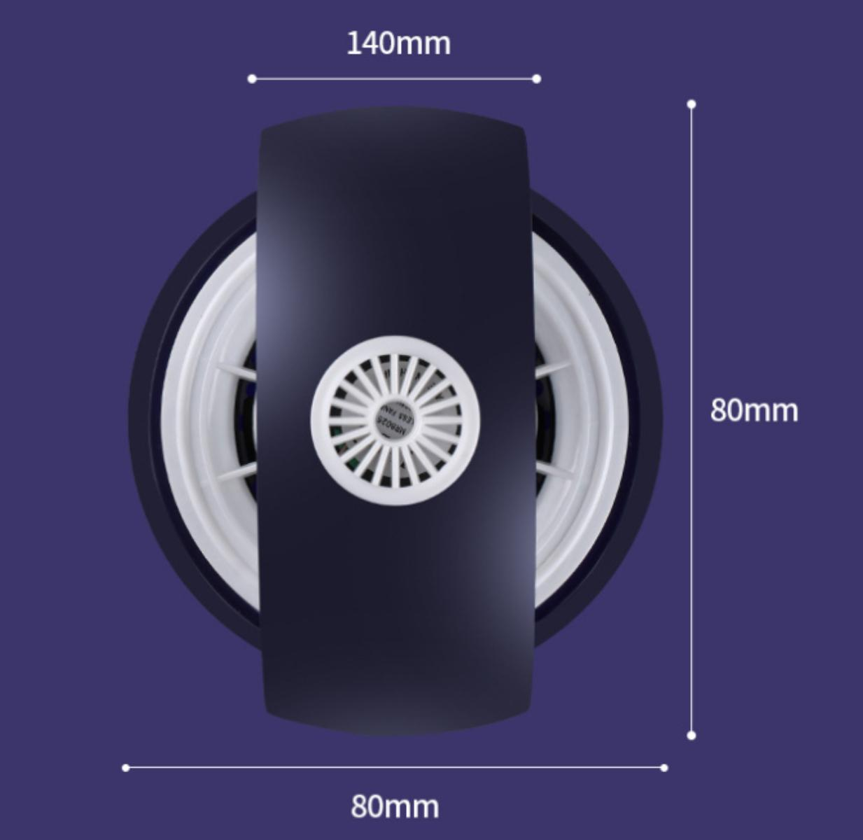 Draufsicht auf ein Roboter-Rad. Es ist dunkelblau, weiß und misst 140 mm x 80 mm.