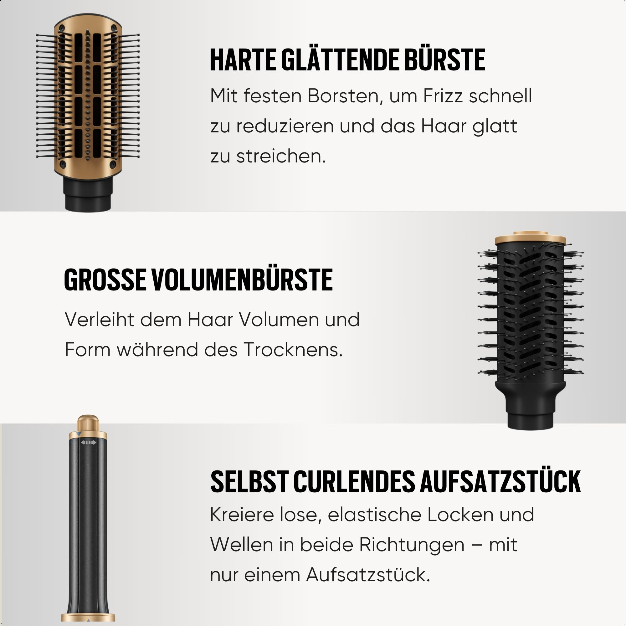 Haarstyling-Tool mit drei Aufsätzen. Gold- und Schwarz-Farbschema. Textbeschreibungen.