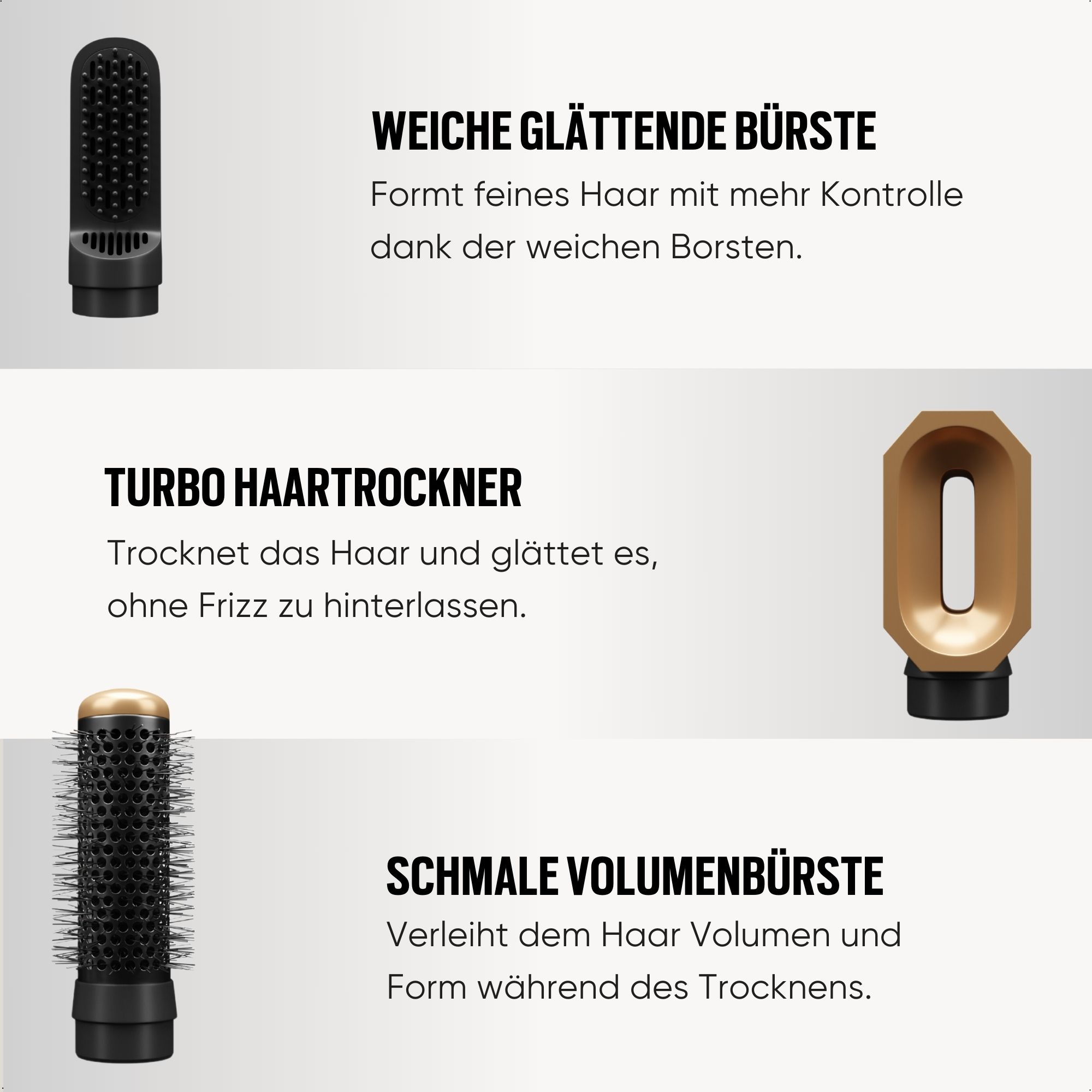 Haarstyling-Tools: Glättbürste, Turbo-Haartrockner und eine Volumenbürste.
