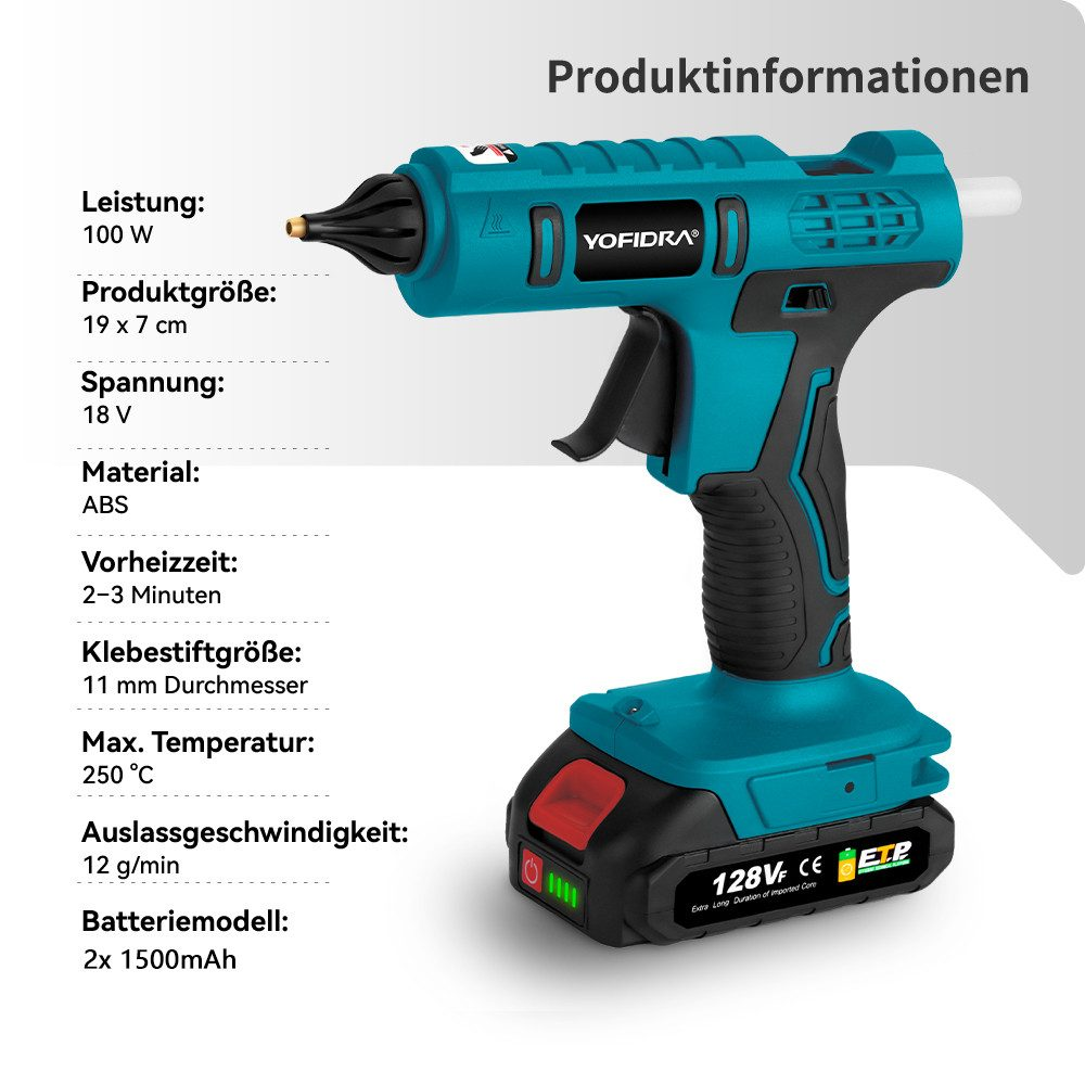 Türkis-schwarze Heißklebepistole mit Produktinformationen auf Deutsch.