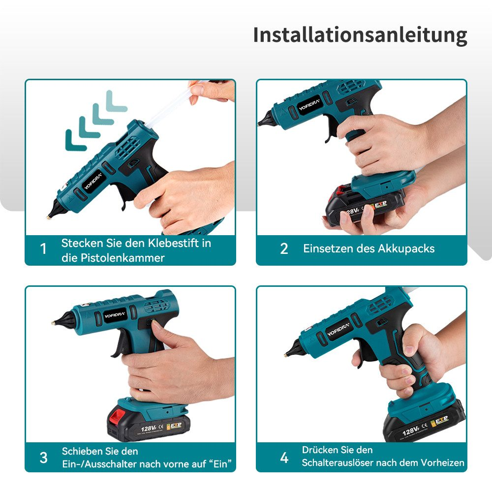 Anleitung mit Klebepistole und Akku. Schritte zeigen das Einsetzen des Klebestifts, Akkus und Drücken.