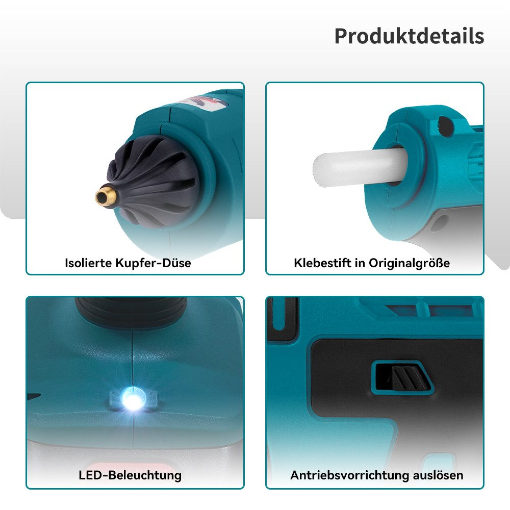 Nahaufnahmen einer Klebepistole und ihrer Komponenten. Enthält Düsen und ein Licht.