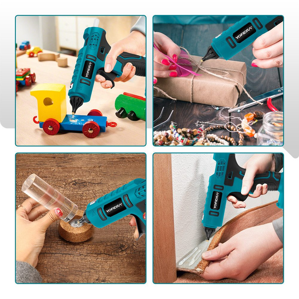 Vier Bilder zeigen eine Heißklebepistole in Gebrauch auf verschiedenen Objekten: einem Spielzeugzug, einer Geschenkbox, Holz und einer Ecke.