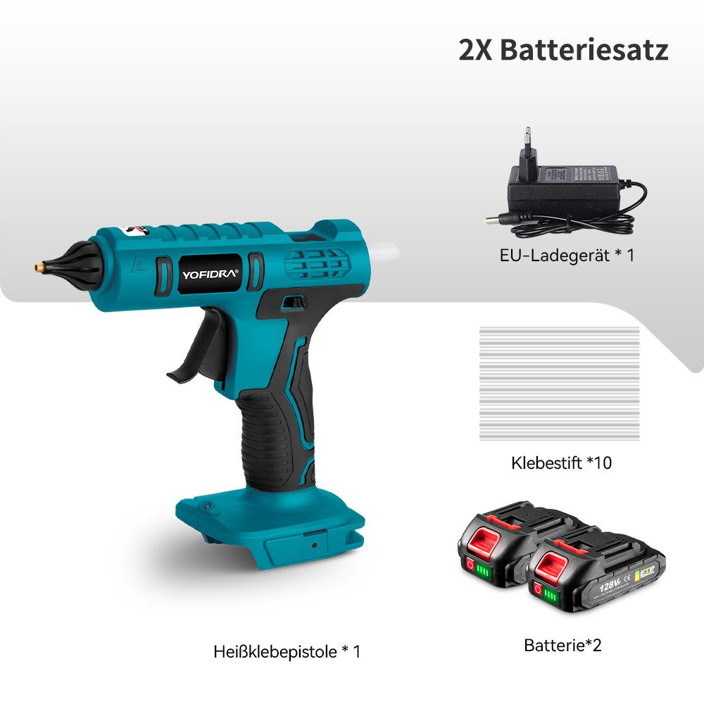 Blaue Heißklebepistole mit zwei Batterien und Ladegerät. Klebestifte ebenfalls.