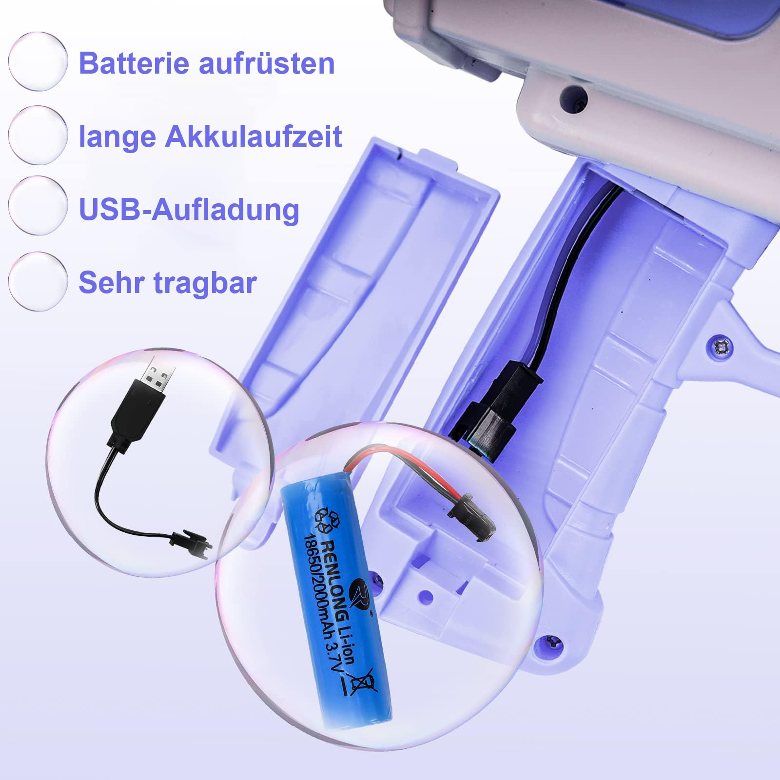 Blaue und weiße Seifenblasenpistole mit offenem Batteriefach und Zubehör.