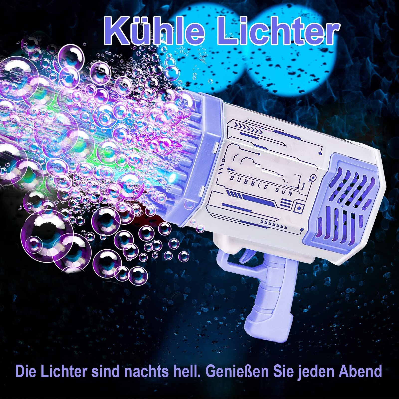 Spielzeug-Blasengewehr, das bunte Blasen schießt. Lila und blaue Farbtöne in der dunklen Szene.