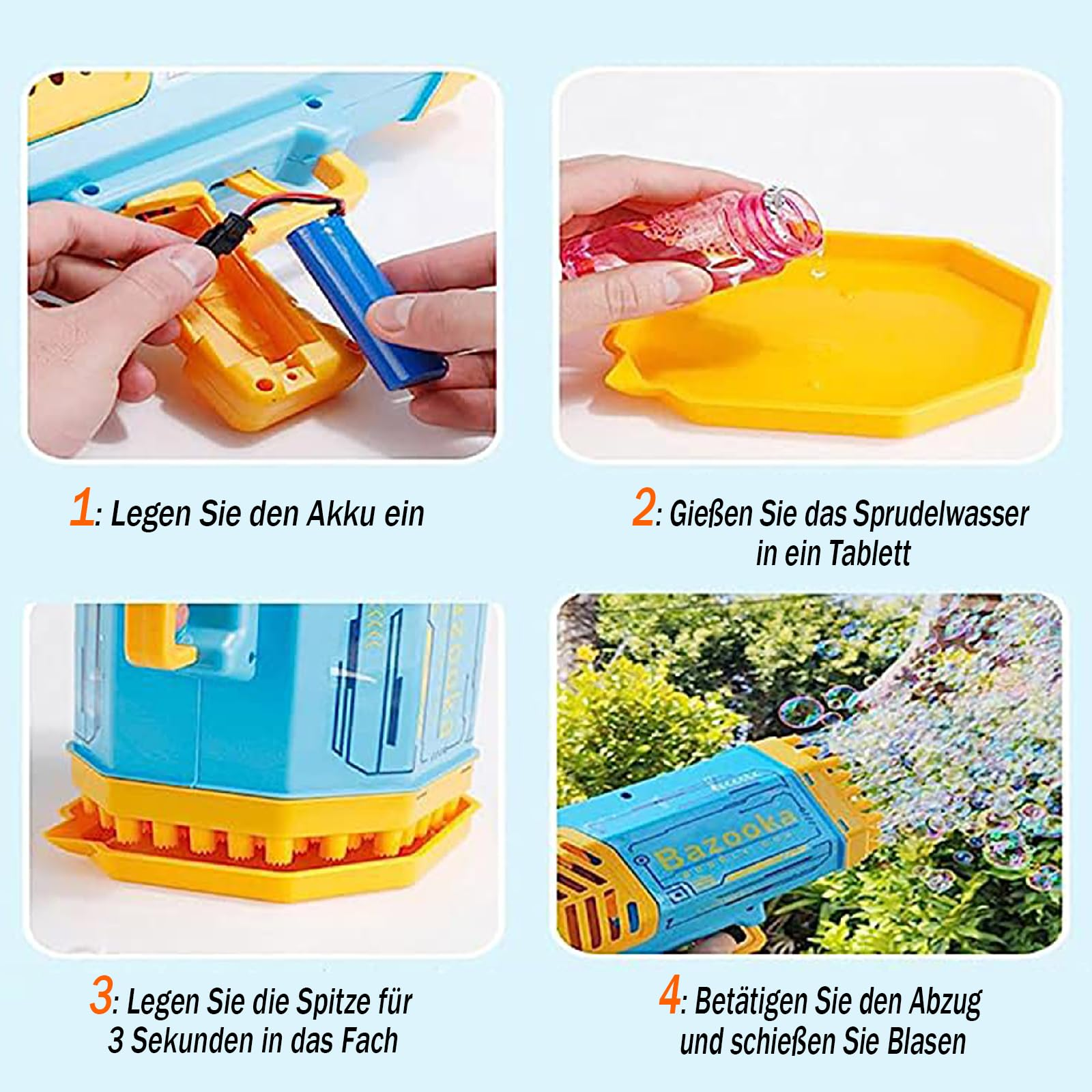 Anleitung für eine Spielzeugpistole, zeigt Batterie, Seifenlösung und Schießen.