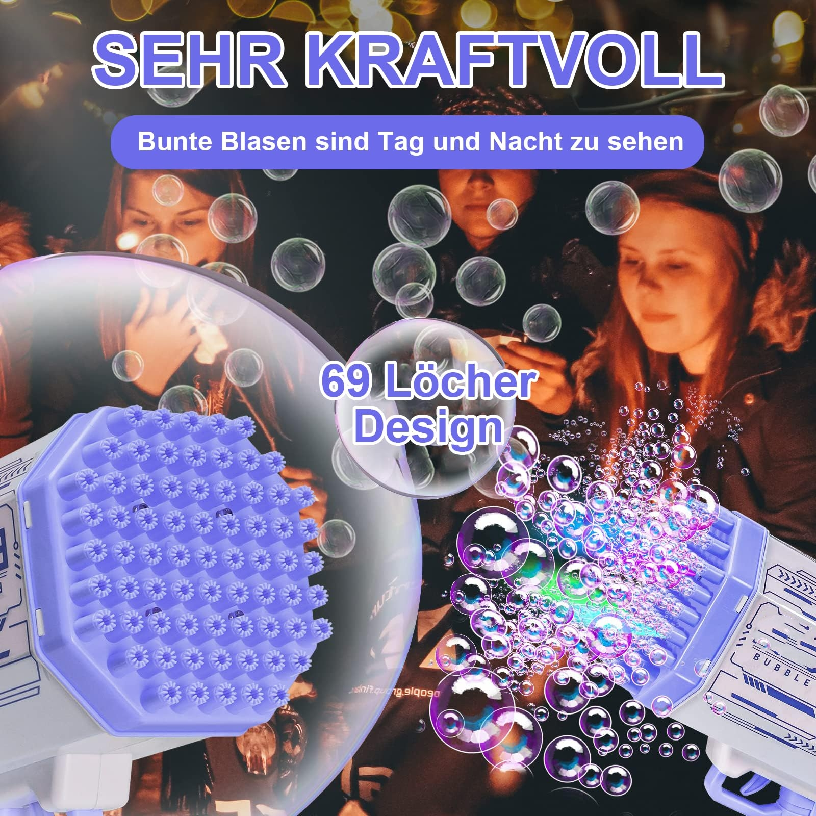 Eine Blasenpistole, die zahlreiche bunte Blasen vor einem Hintergrund von Menschen abschießt.