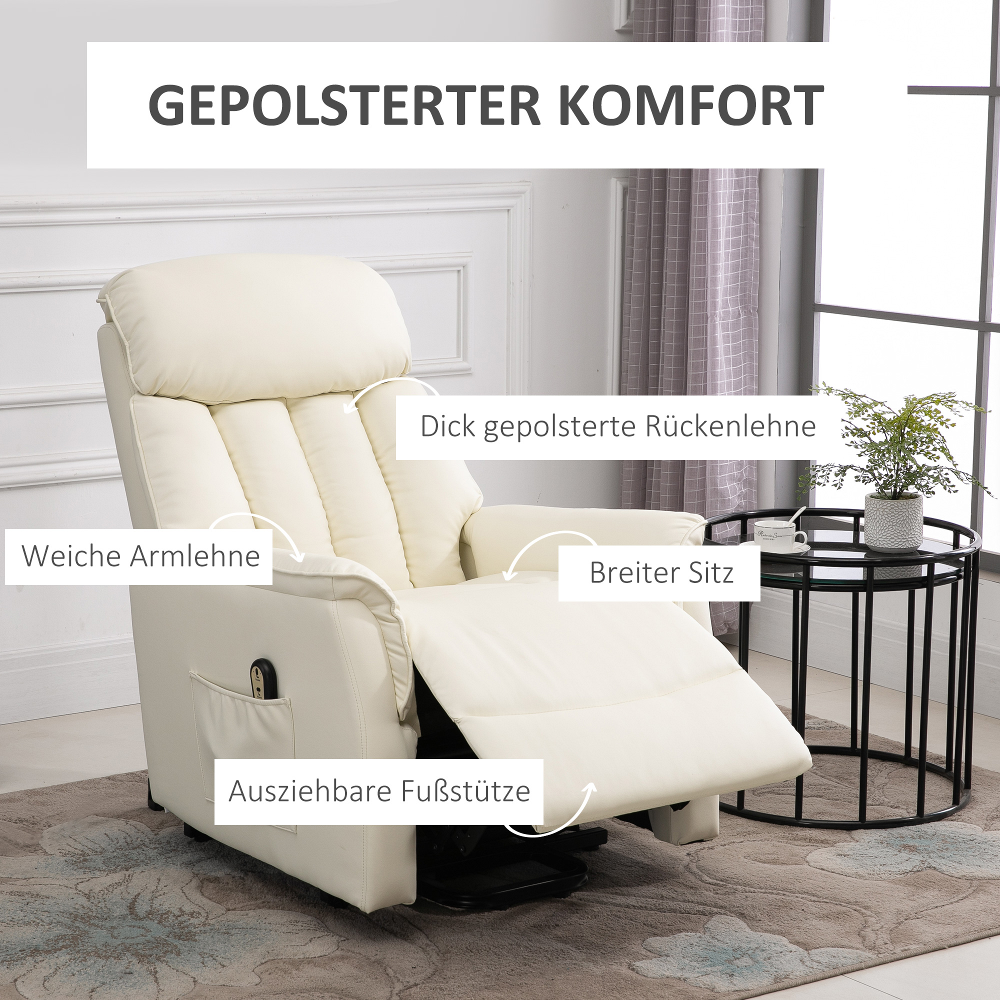 Cremefarbener Relaxsessel mit Fußstütze und Beistelltisch. Textbeschriftungen beschreiben Merkmale.