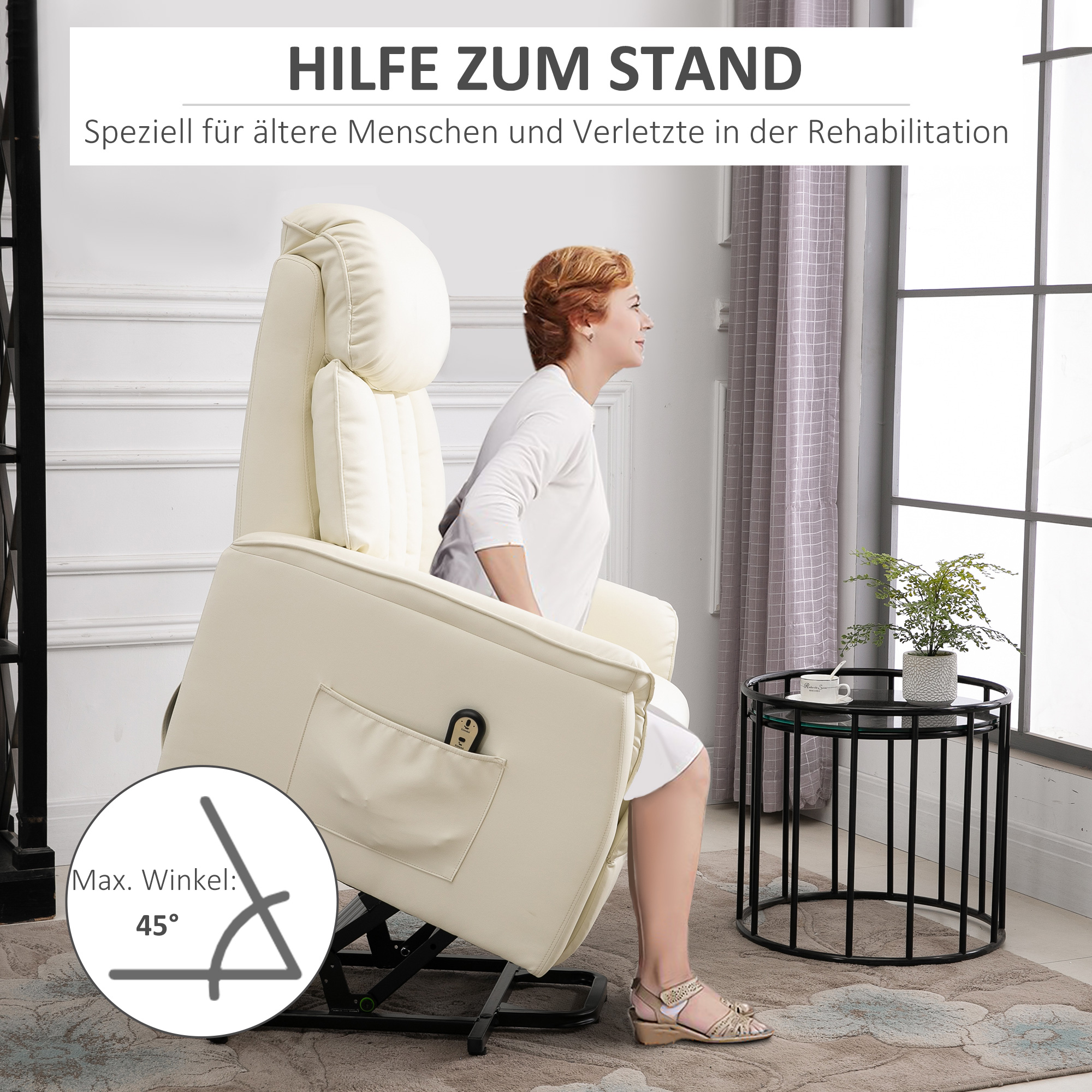 Eine Frau in einem weißen Kleid sitzt in einem cremefarbenen Relaxsessel, mit einem Beistelltisch und Diagramm.